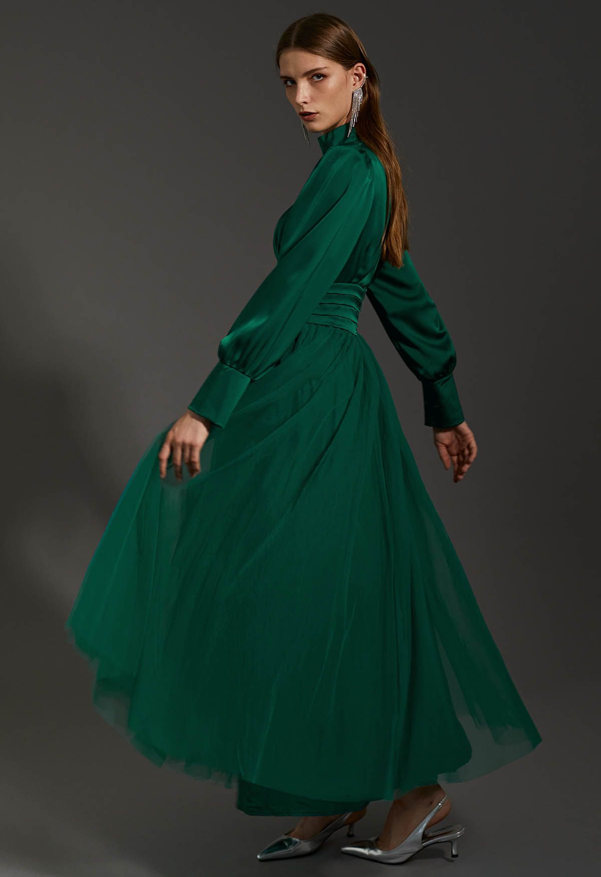 Shine Bright High Neck Tulle Maxi Dress in Emerald