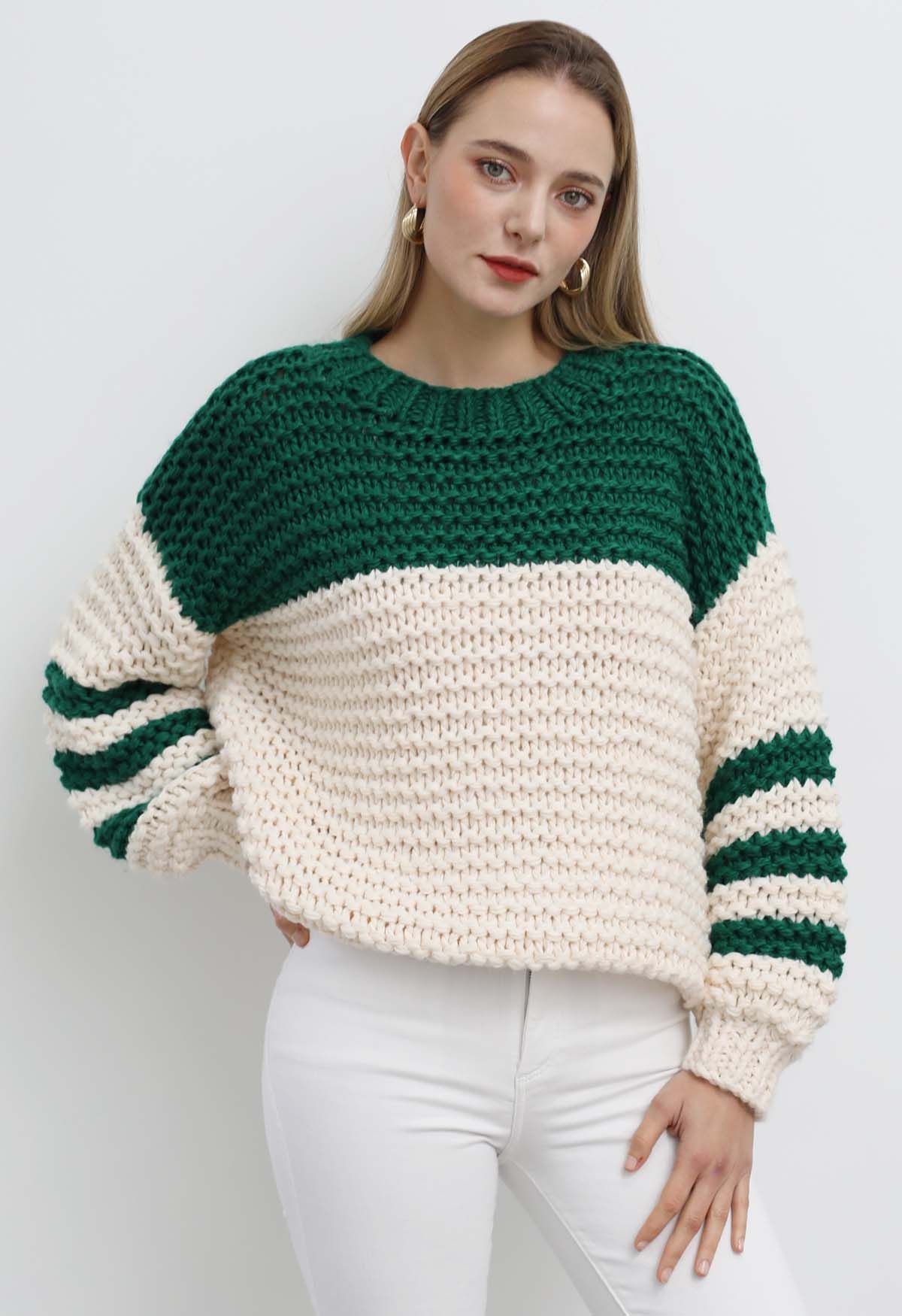 Two-Tone Striped Sleeves Chunky Hand Knit Sweater in Green