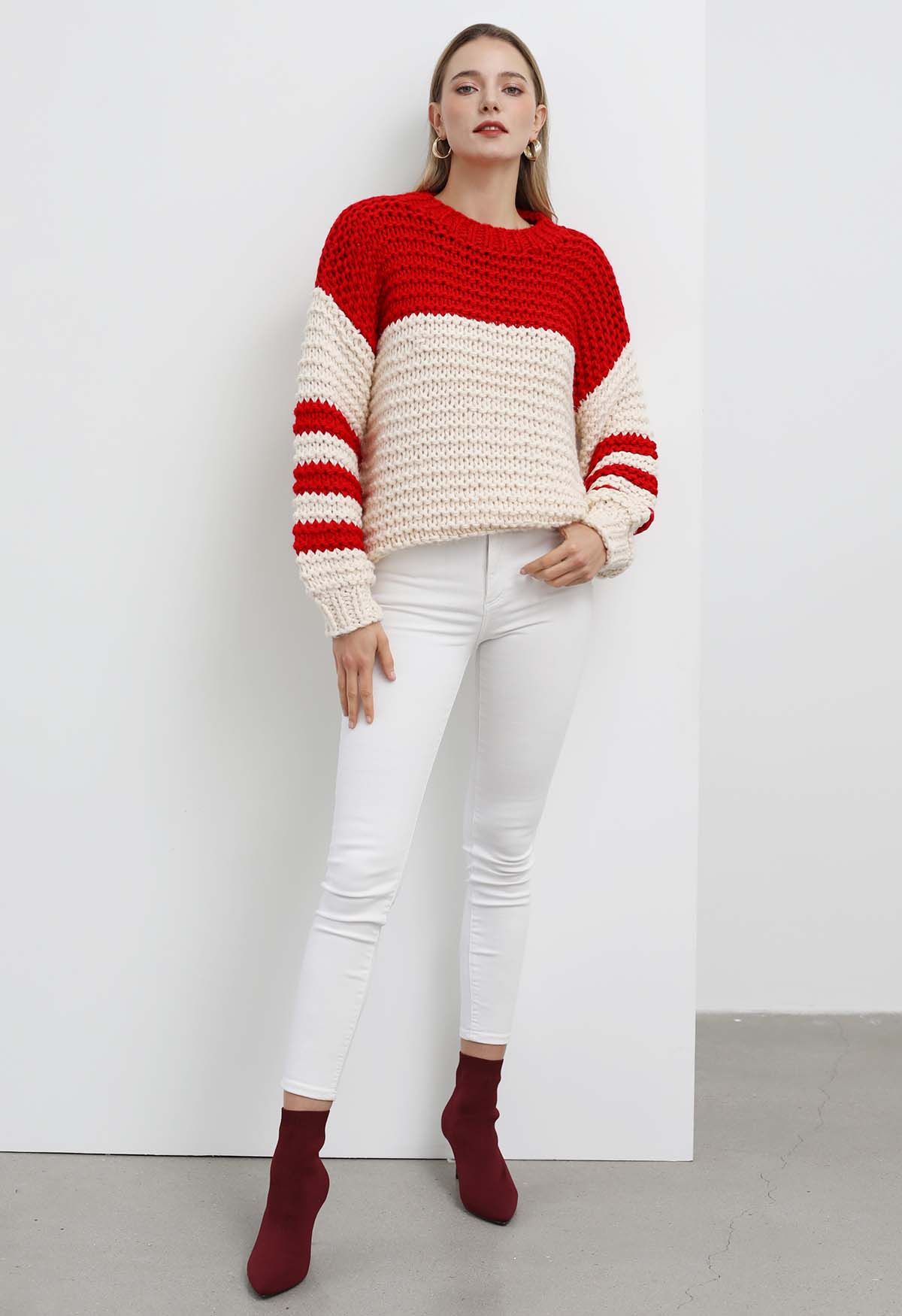Two-Tone Striped Sleeves Chunky Hand Knit Sweater in Red