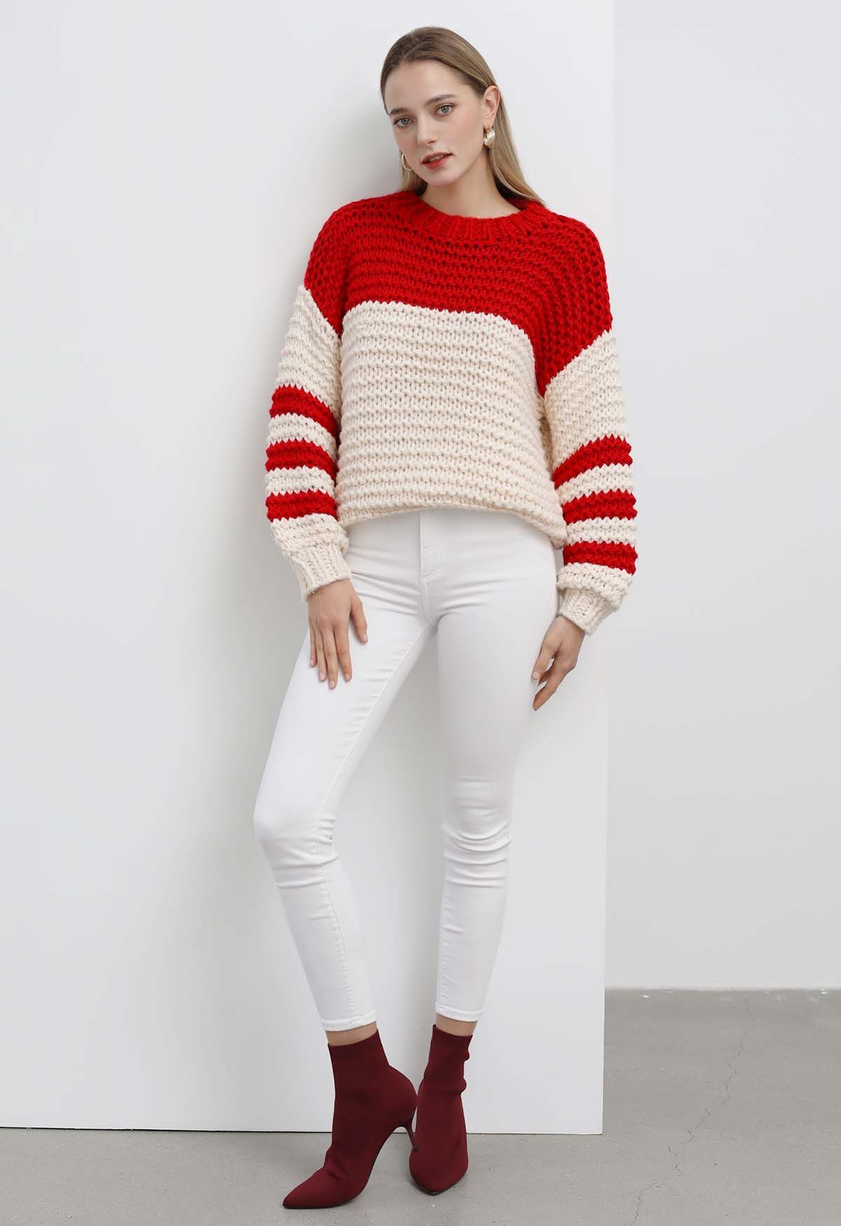 Two-Tone Striped Sleeves Chunky Hand Knit Sweater in Red