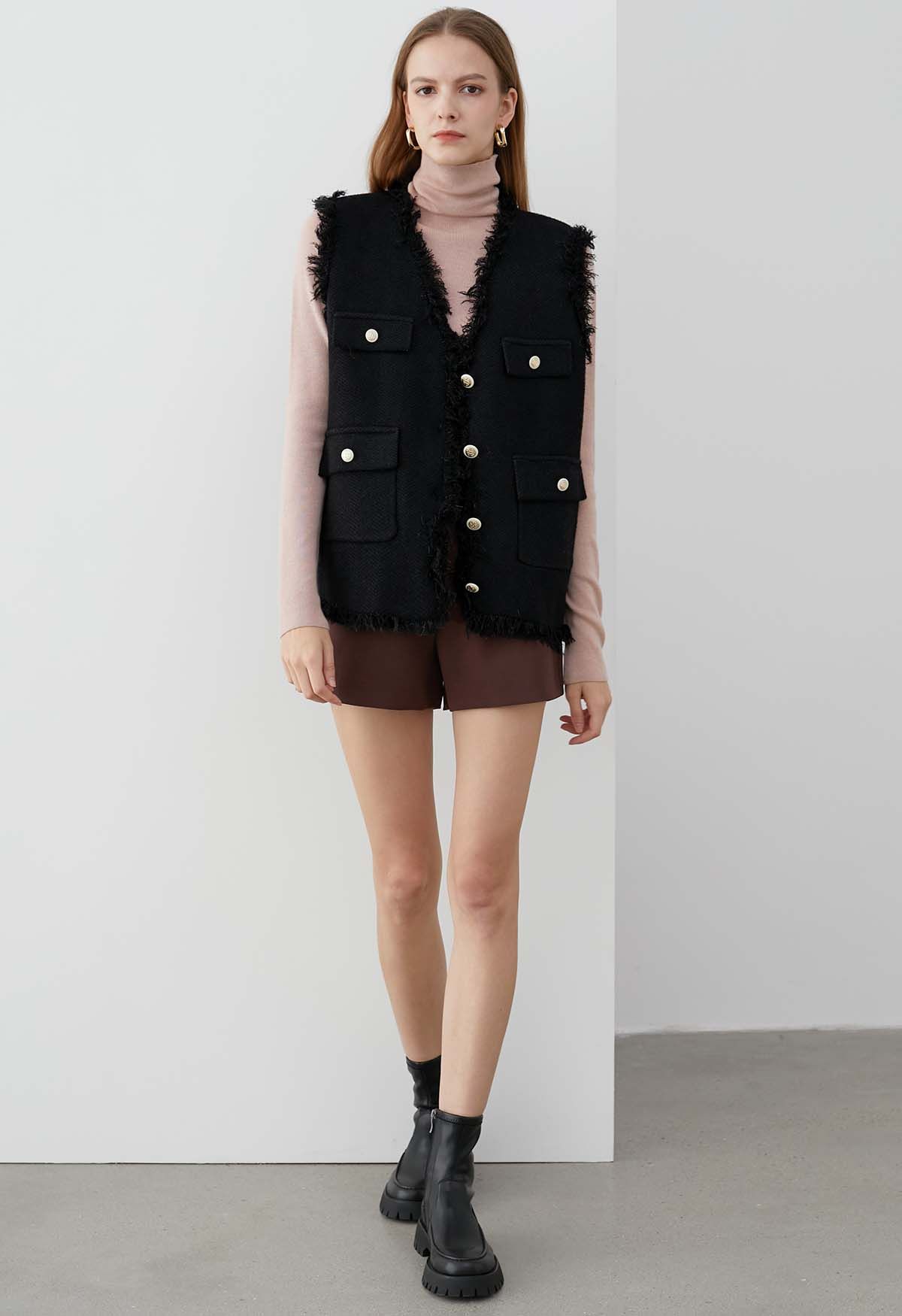 Fringed Edge Buttoned Flap Pocket Knit Vest in Black