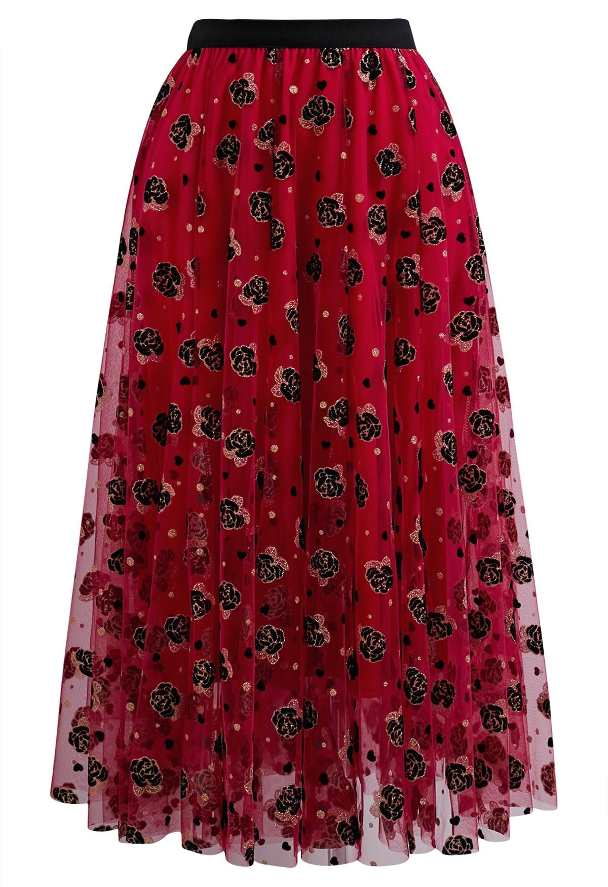 Glitter Velvet Rose Mesh Tulle Midi Skirt in Red