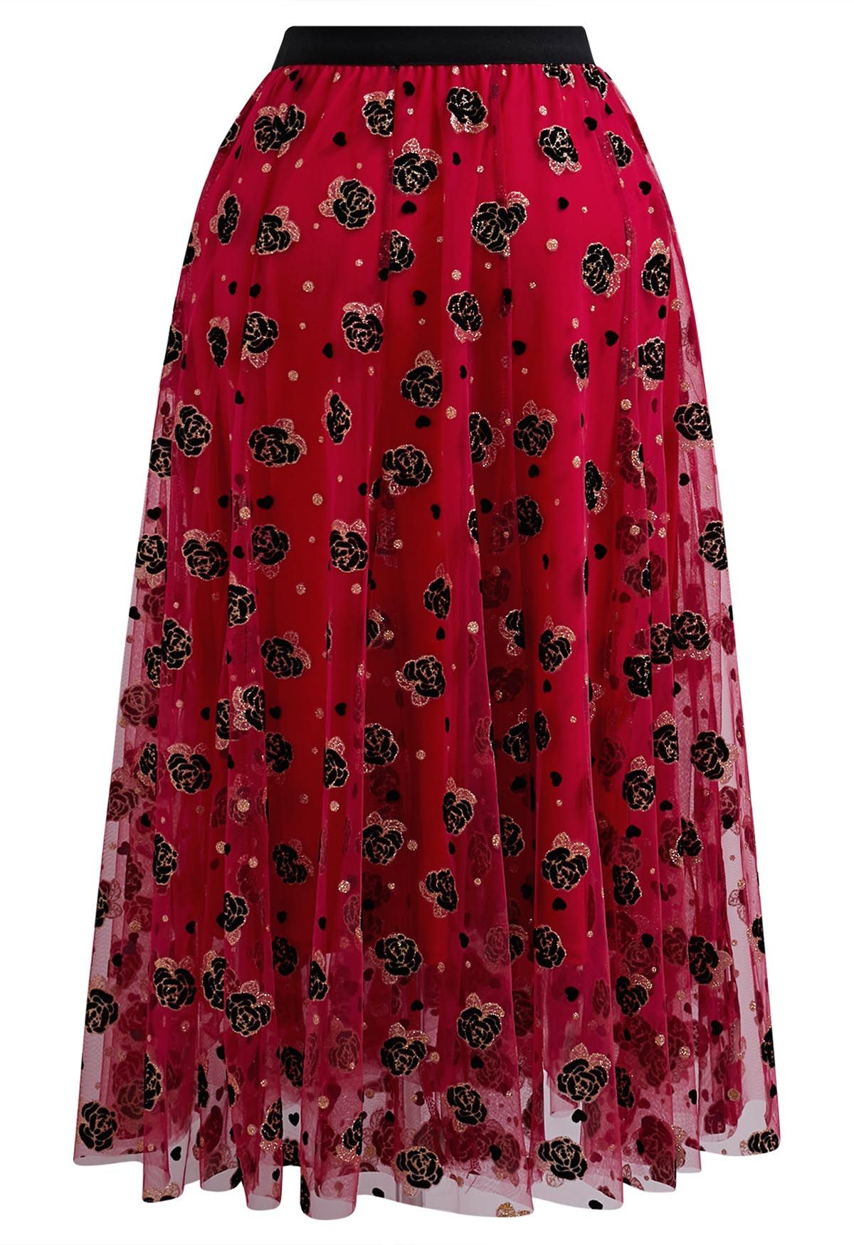 Glitter Velvet Rose Mesh Tulle Midi Skirt in Red