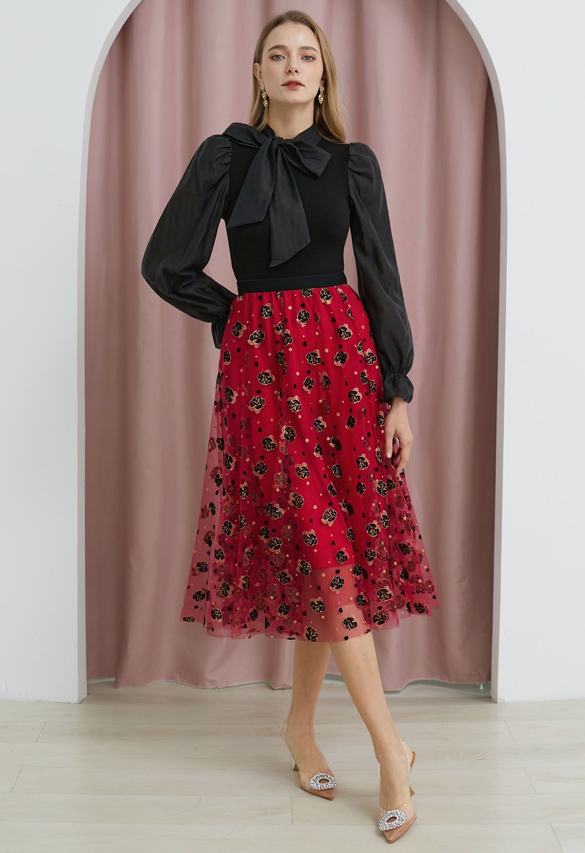 Glitter Velvet Rose Mesh Tulle Midi Skirt in Red