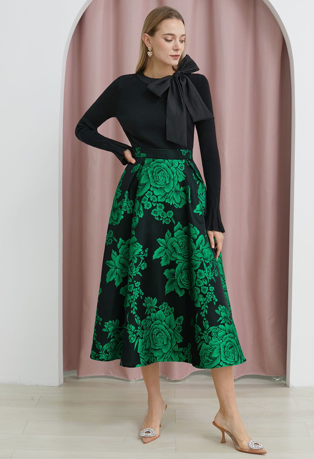 Emerald Blossom Jacquard A-Line Maxi Skirt