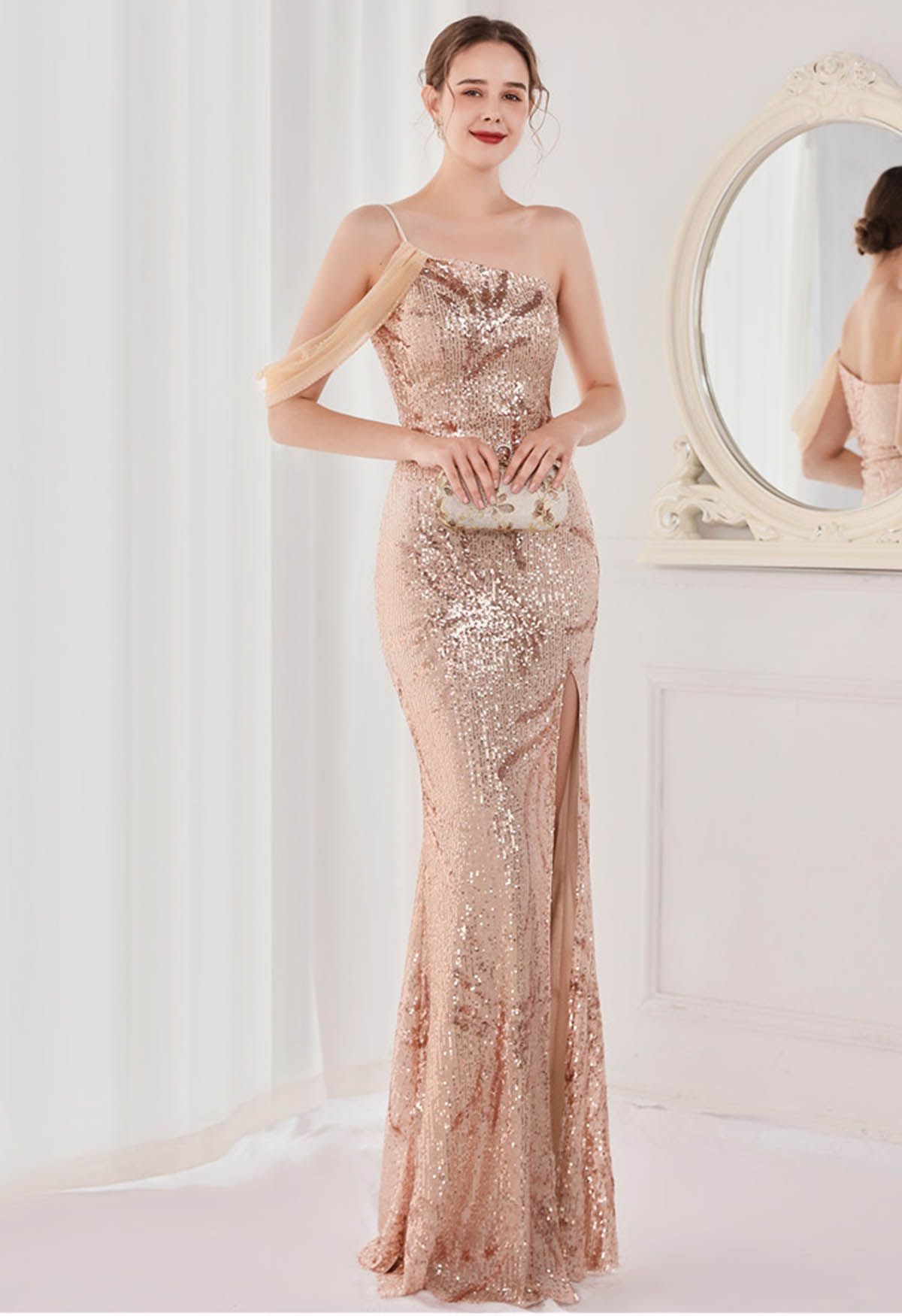 One-Shoulder Front Slit Sequined Maxi Gown in Champagne