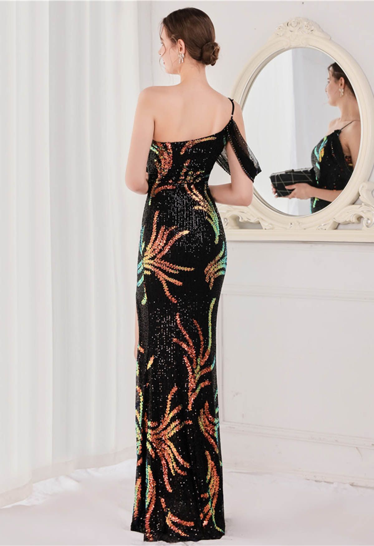 One-Shoulder Front Slit Sequined Maxi Gown in Black