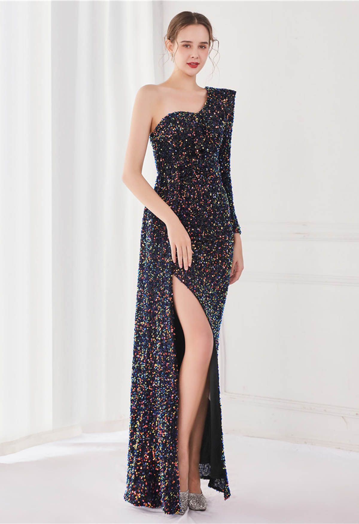 One-Shoulder Sequined Ruffle Slit Maxi Gown in Black