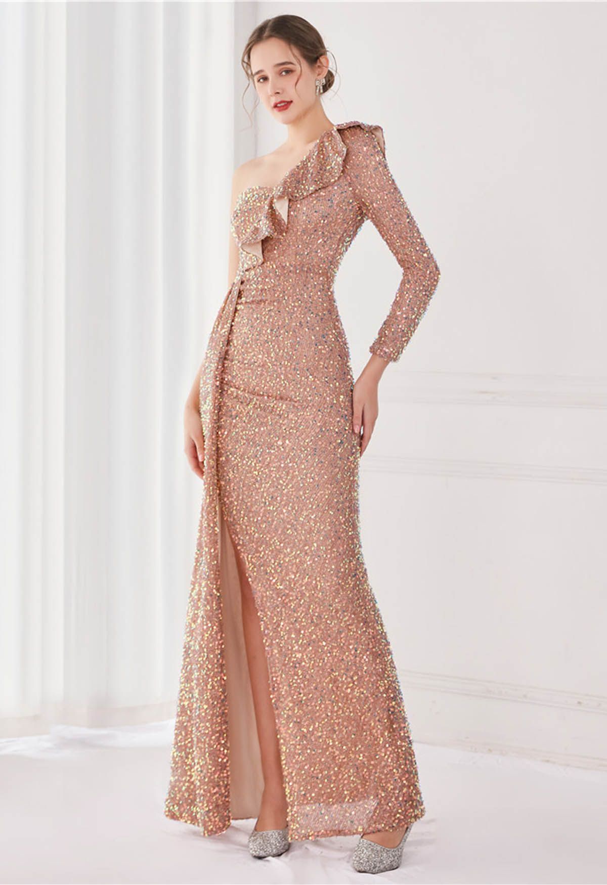 One-Shoulder Sequined Ruffle Slit Maxi Gown in Champagne