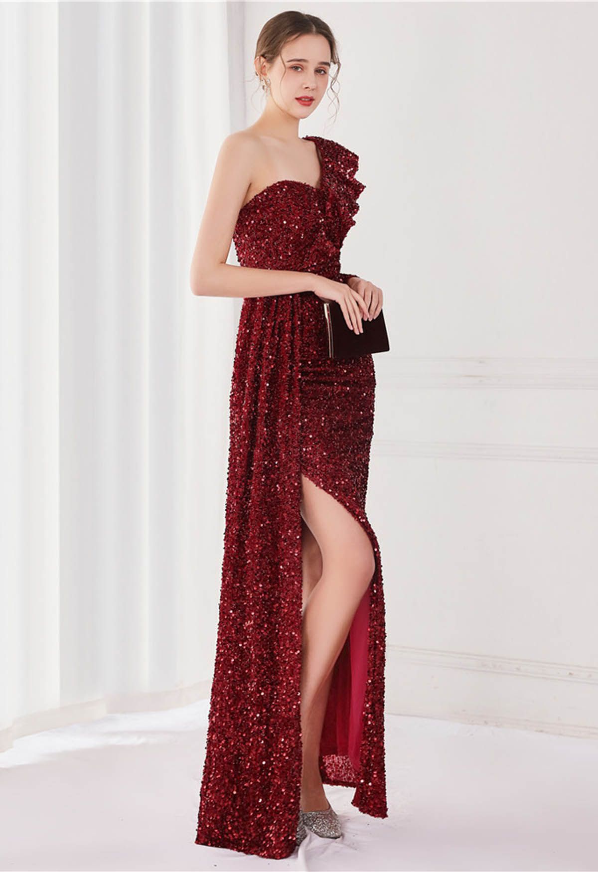 One-Shoulder Sequined Ruffle Slit Maxi Gown in Burgundy
