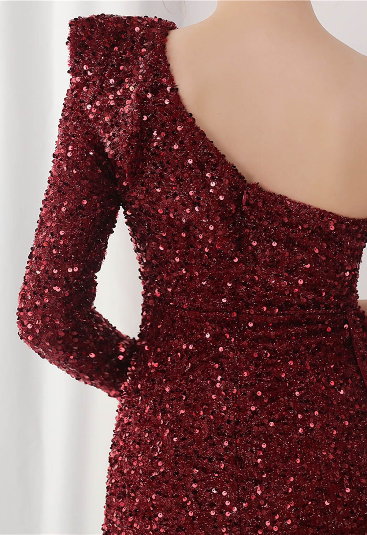 One-Shoulder Sequined Ruffle Slit Maxi Gown in Burgundy