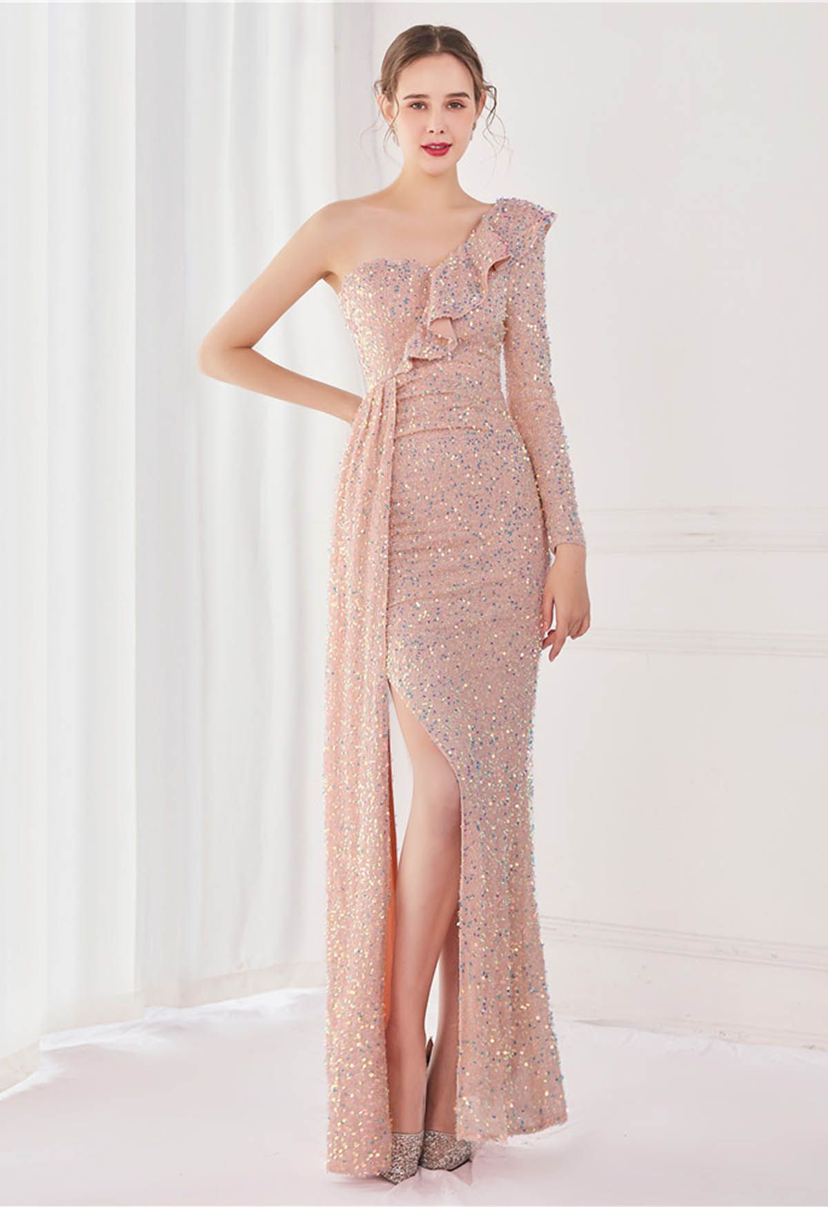 One-Shoulder Sequined Ruffle Slit Maxi Gown in Pink