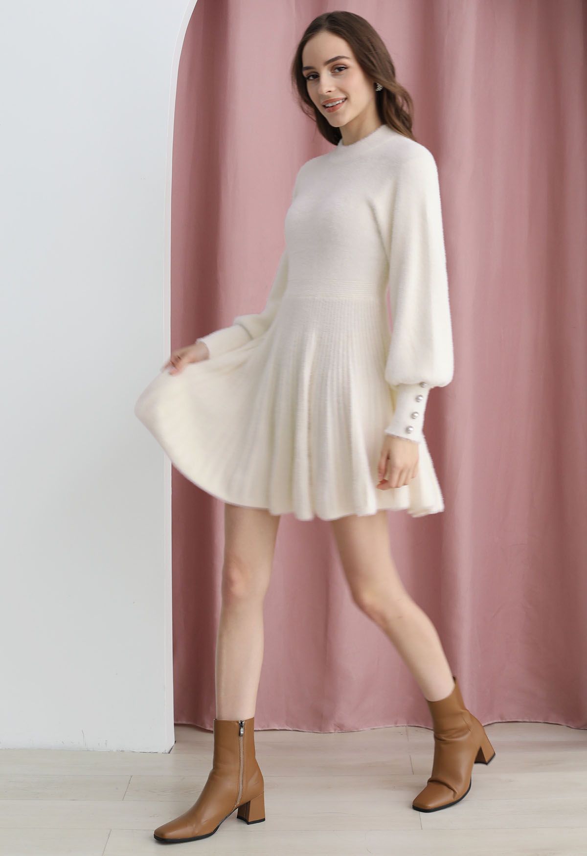 Extra Soft Fuzzy Knit Pleated Dress in Cream