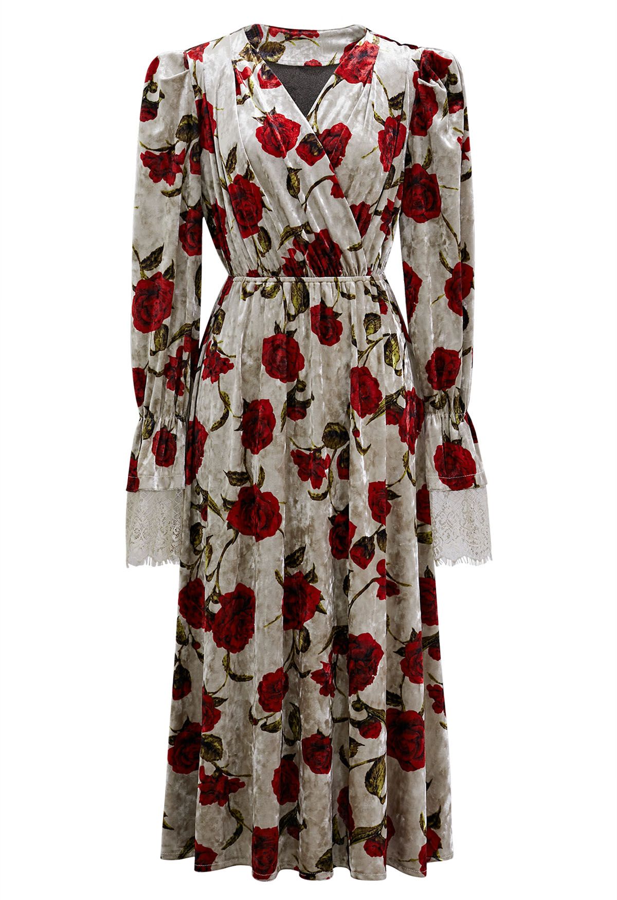 Rose Print Faux-Wrap Velvet Midi Dress