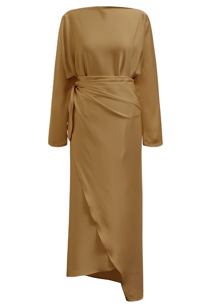 Satin Boat Neck Wrapped Waist Maxi Dress in Gold