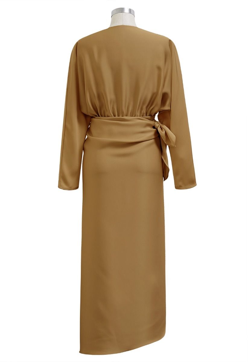 Satin Boat Neck Wrapped Waist Maxi Dress in Gold