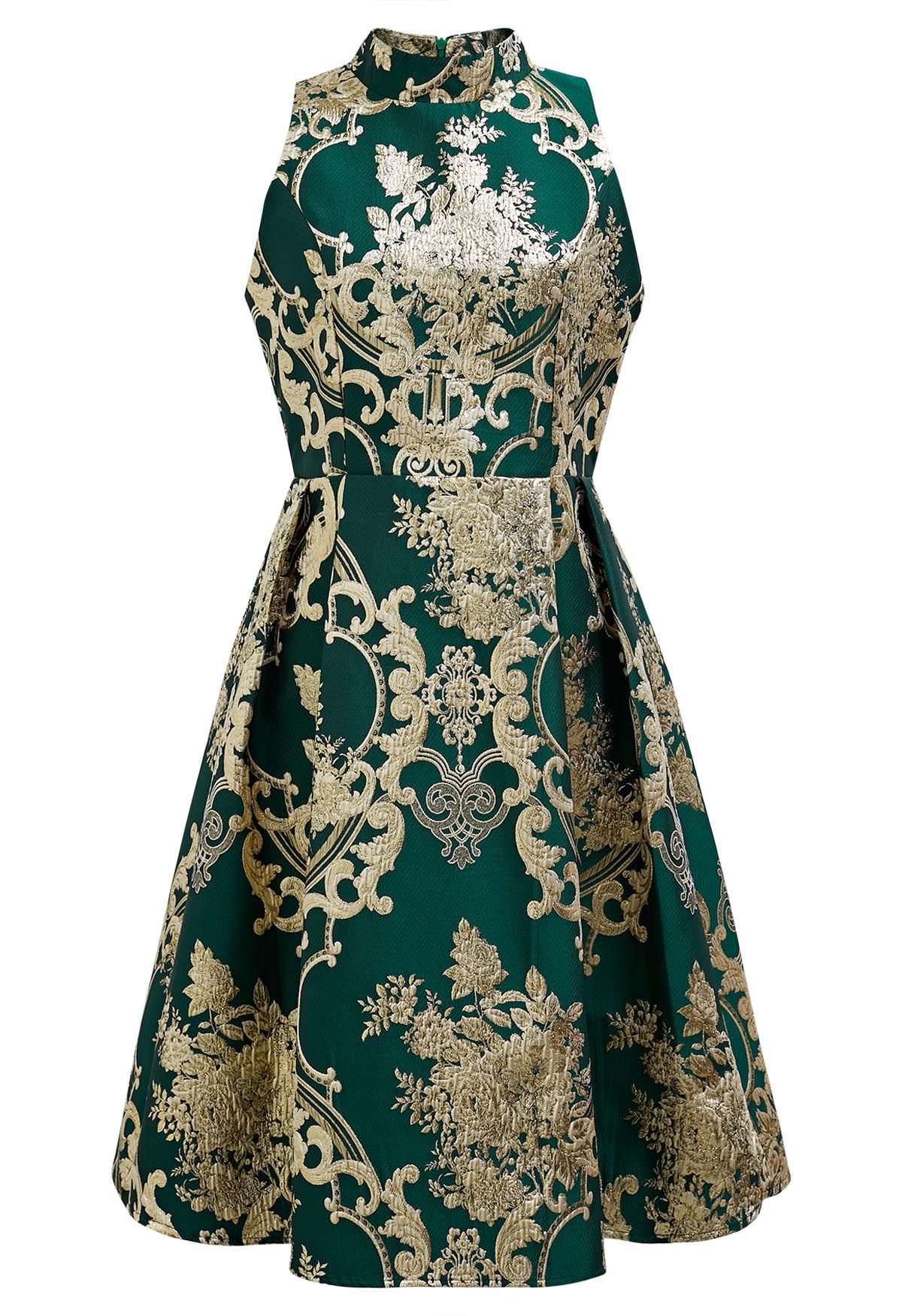 Splendid Peony Baroque Jacquard Sleeveless Dress in Dark Green