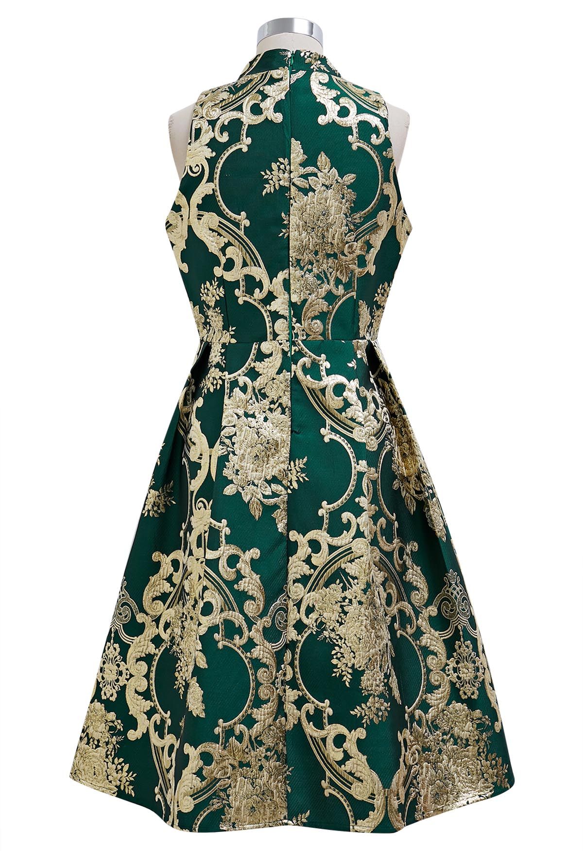 Splendid Peony Baroque Jacquard Sleeveless Dress in Dark Green