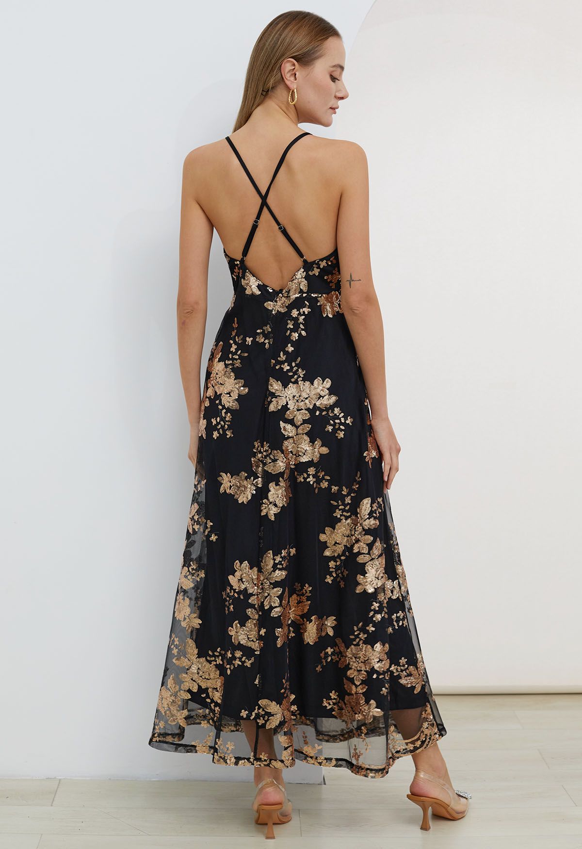 Sequin Flower Crisscross Back Tulle Cami Dress