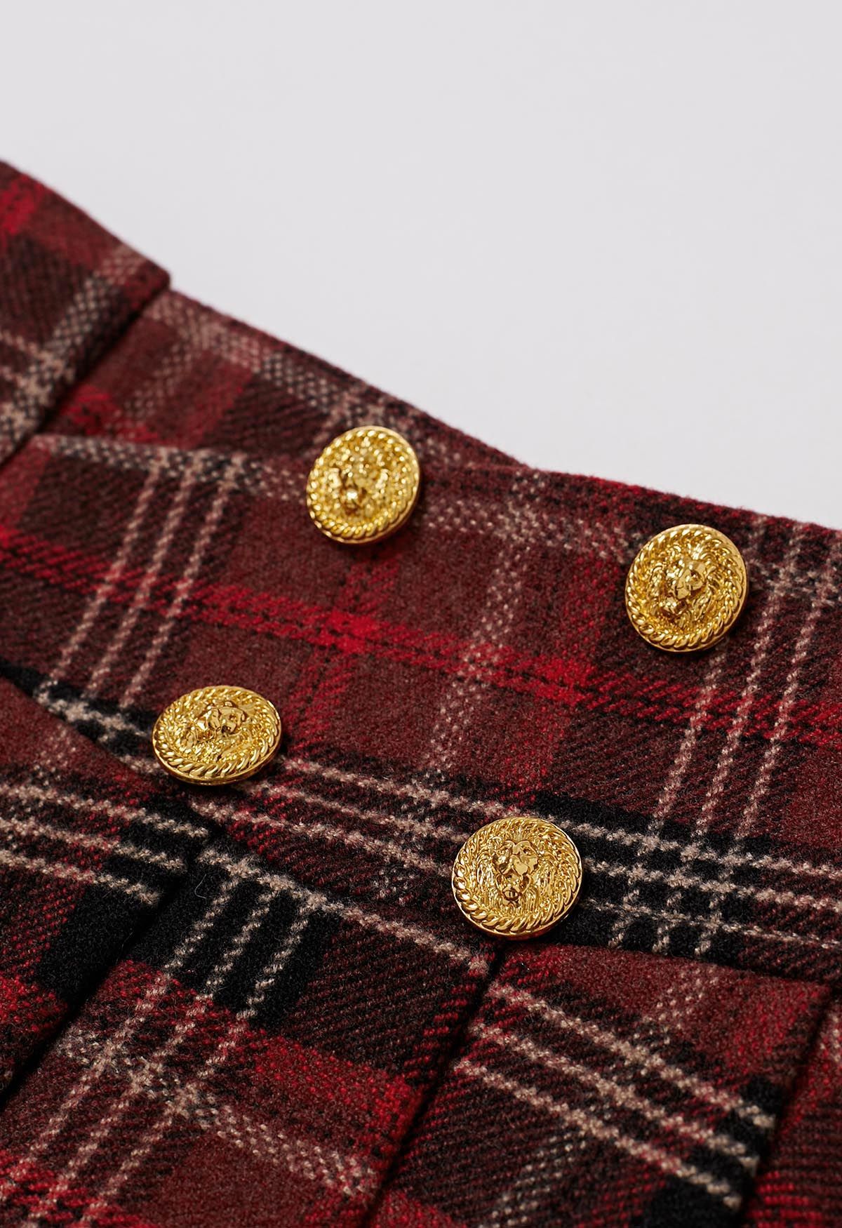 Golden Button Wool-Blend Pleated Mini Skirt in Burgundy Plaid