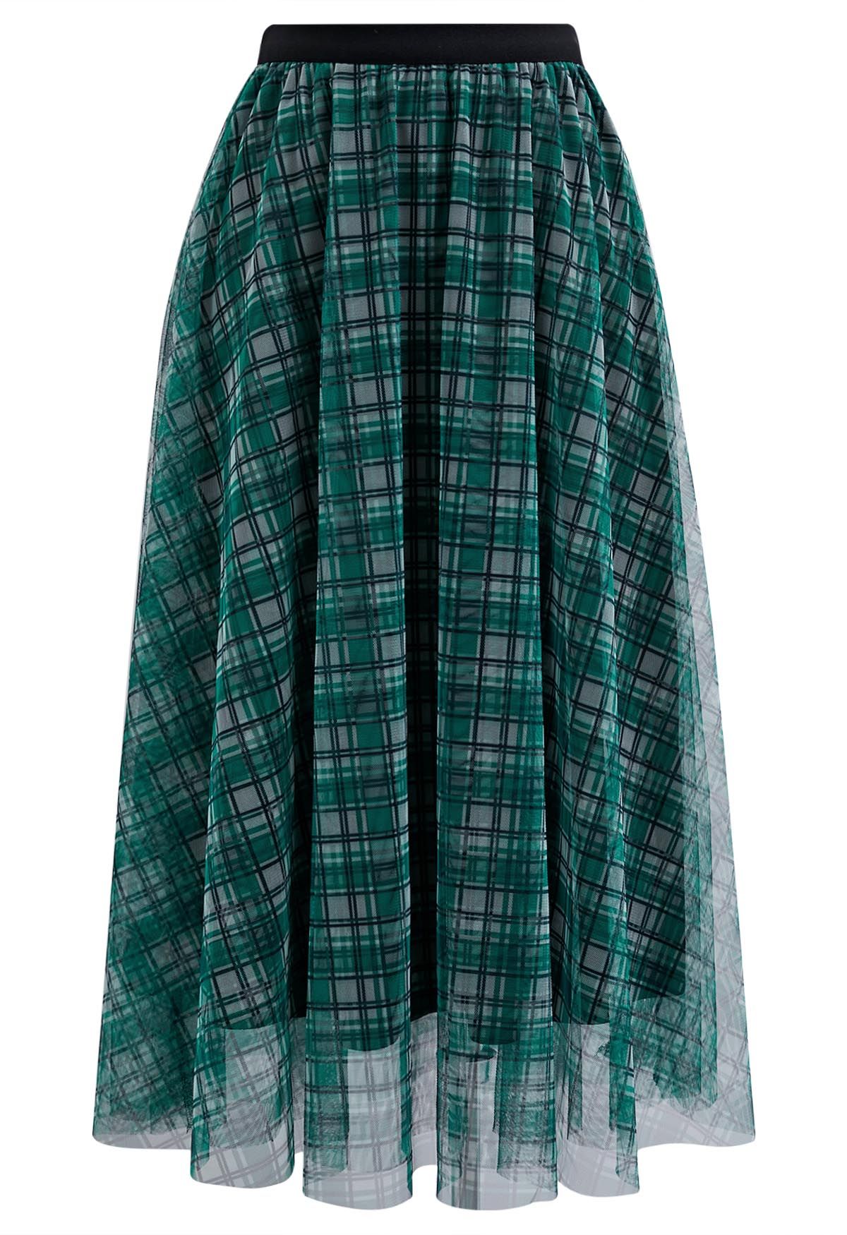 Dark Green Plaid Tulle Midi Skirt