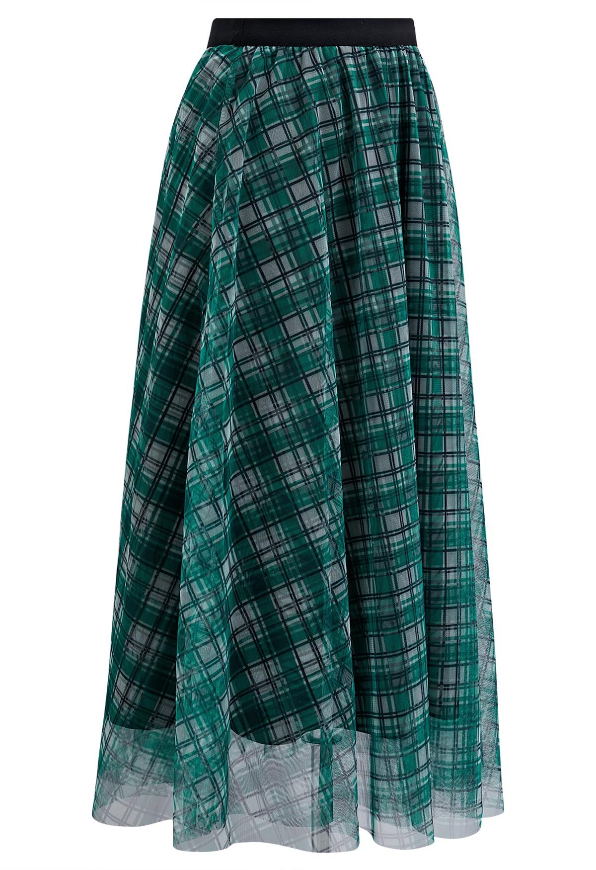 Dark Green Plaid Tulle Midi Skirt