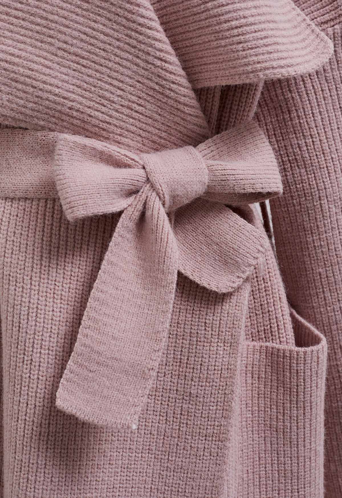 Wide Lapel Tie Waist Longline Knit Cardigan in Pink
