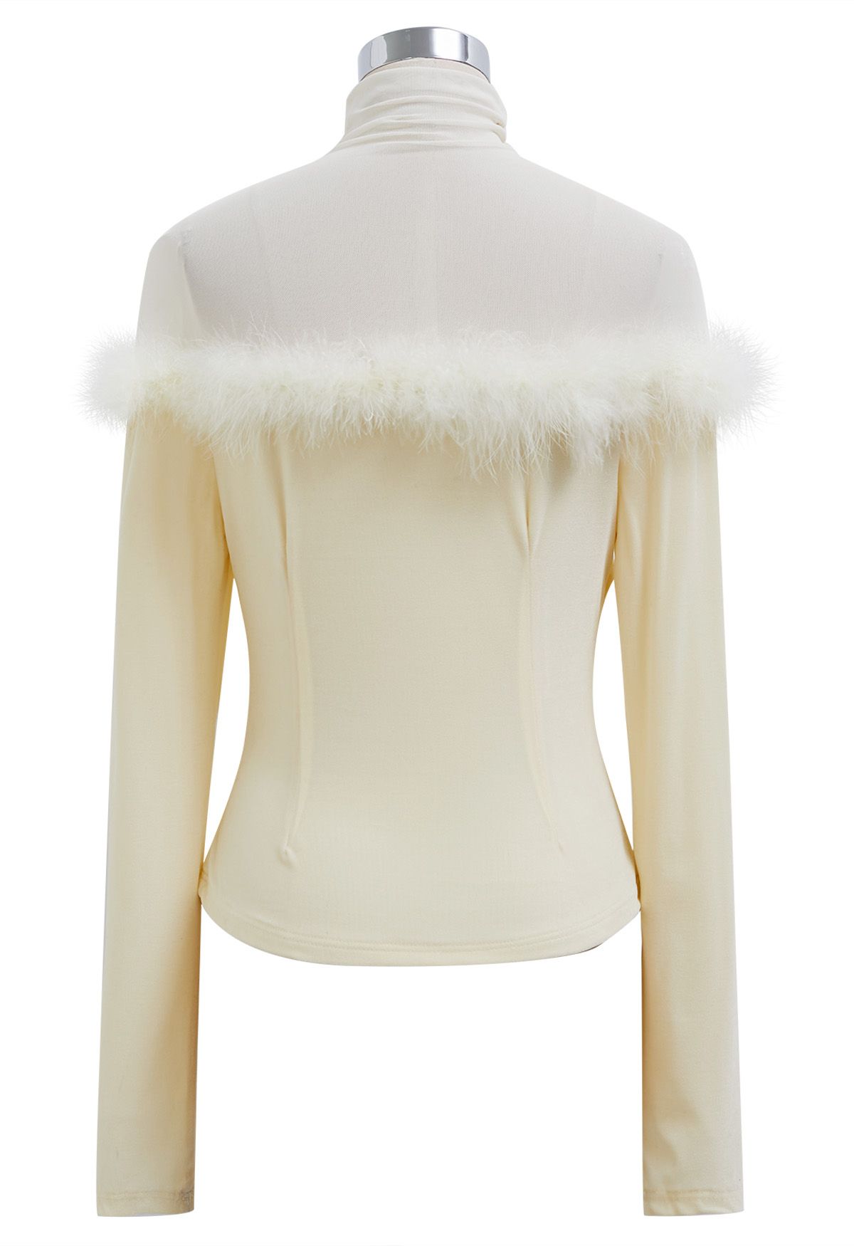 Feather Trim Mesh Spliced Velvet Top in Cream