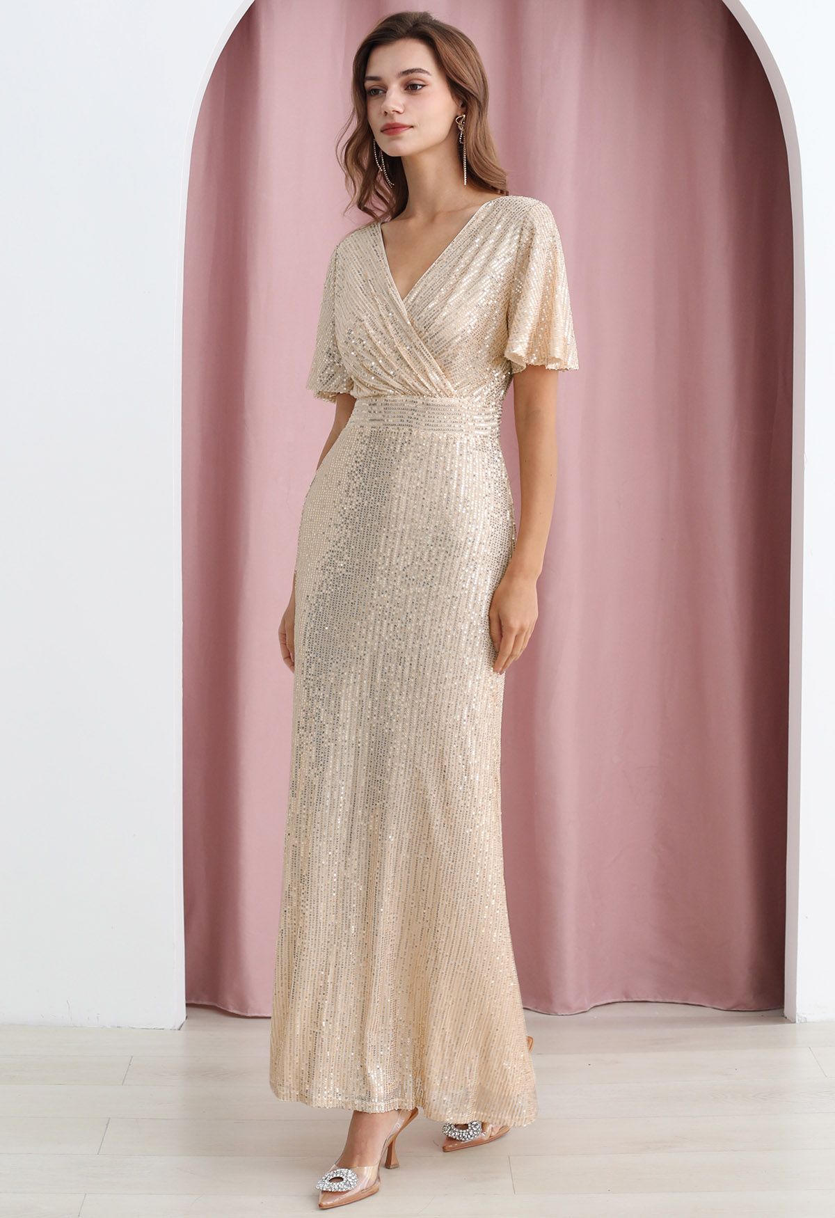 Mesmerizing Sequin Faux-Wrap Flutter Sleeves Gown