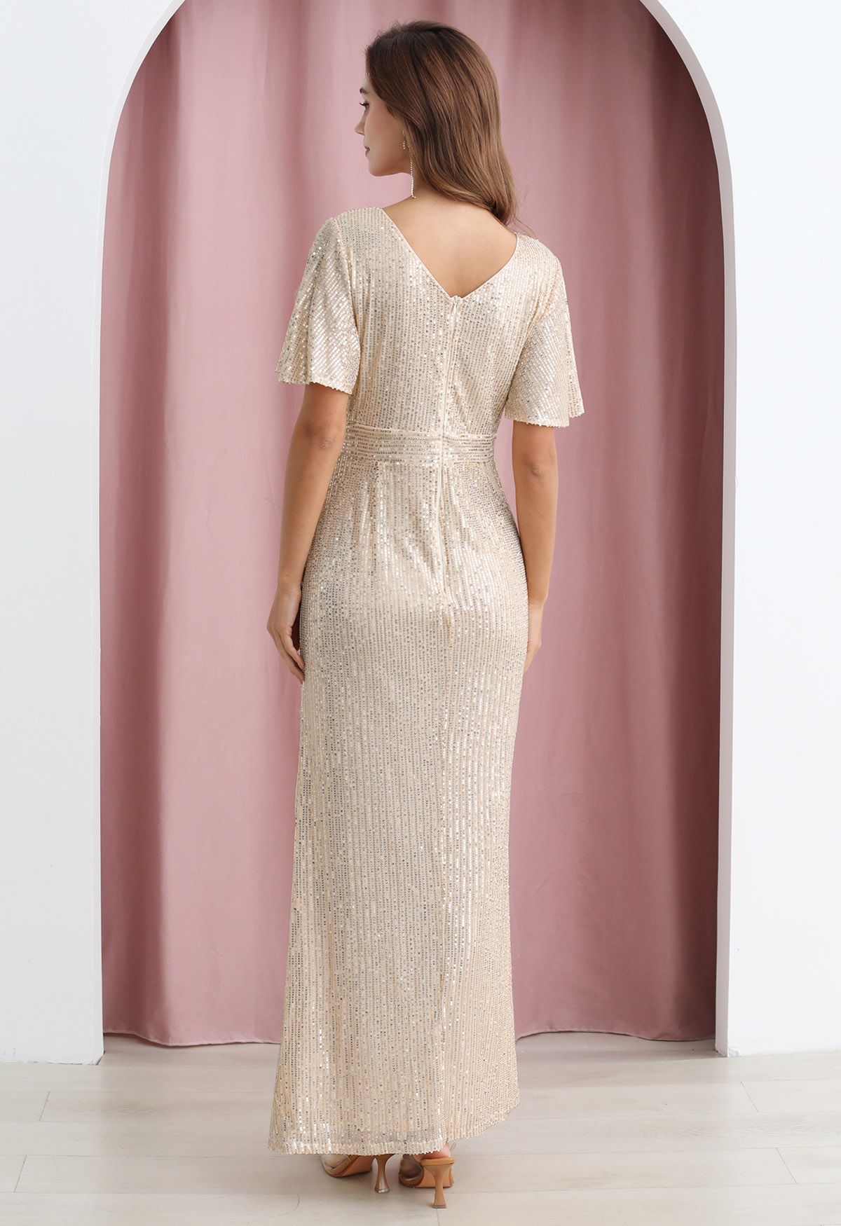 Mesmerizing Sequin Faux-Wrap Flutter Sleeves Gown