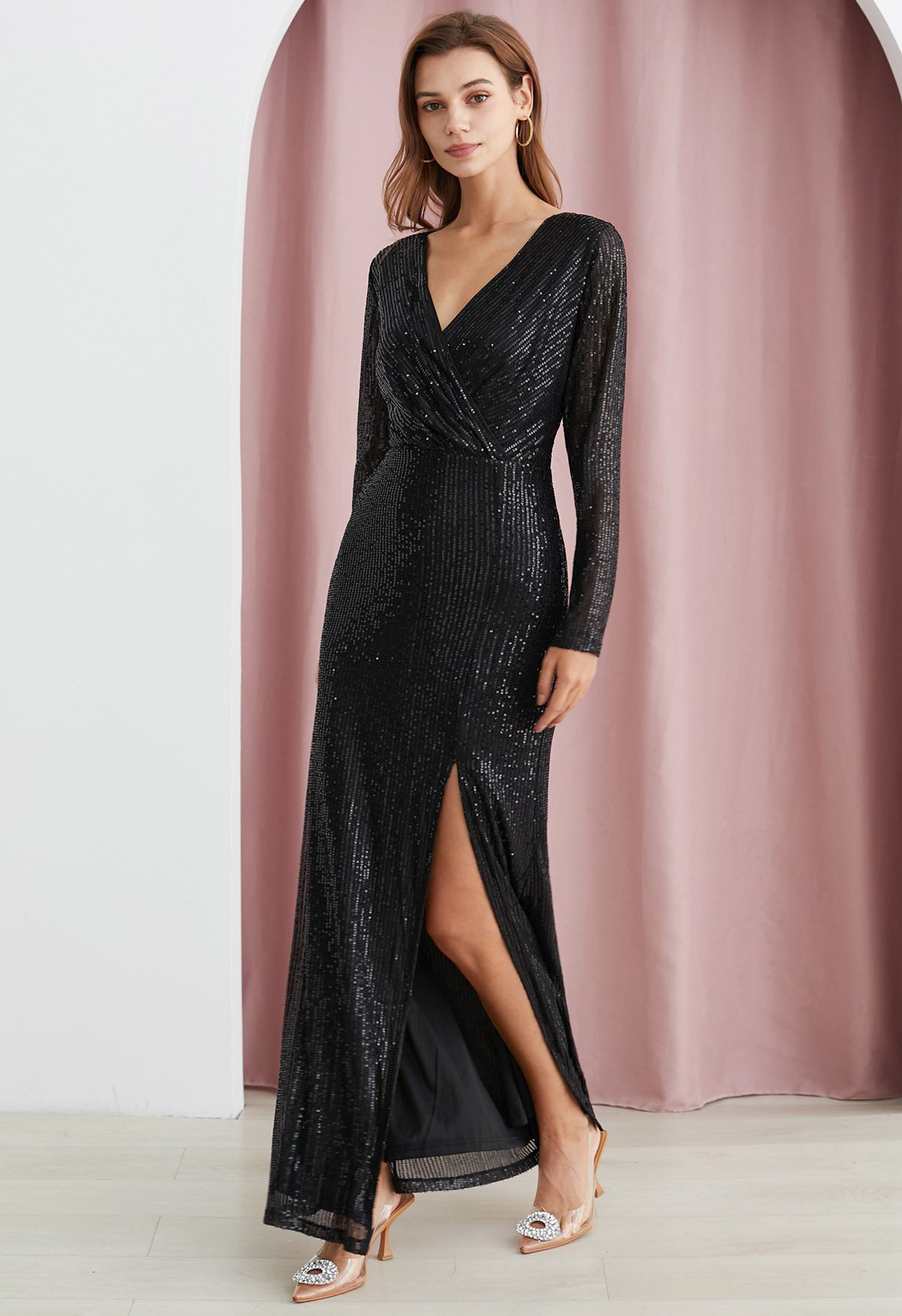 Darling Sequin Faux-Wrap High Slit Gown in Black
