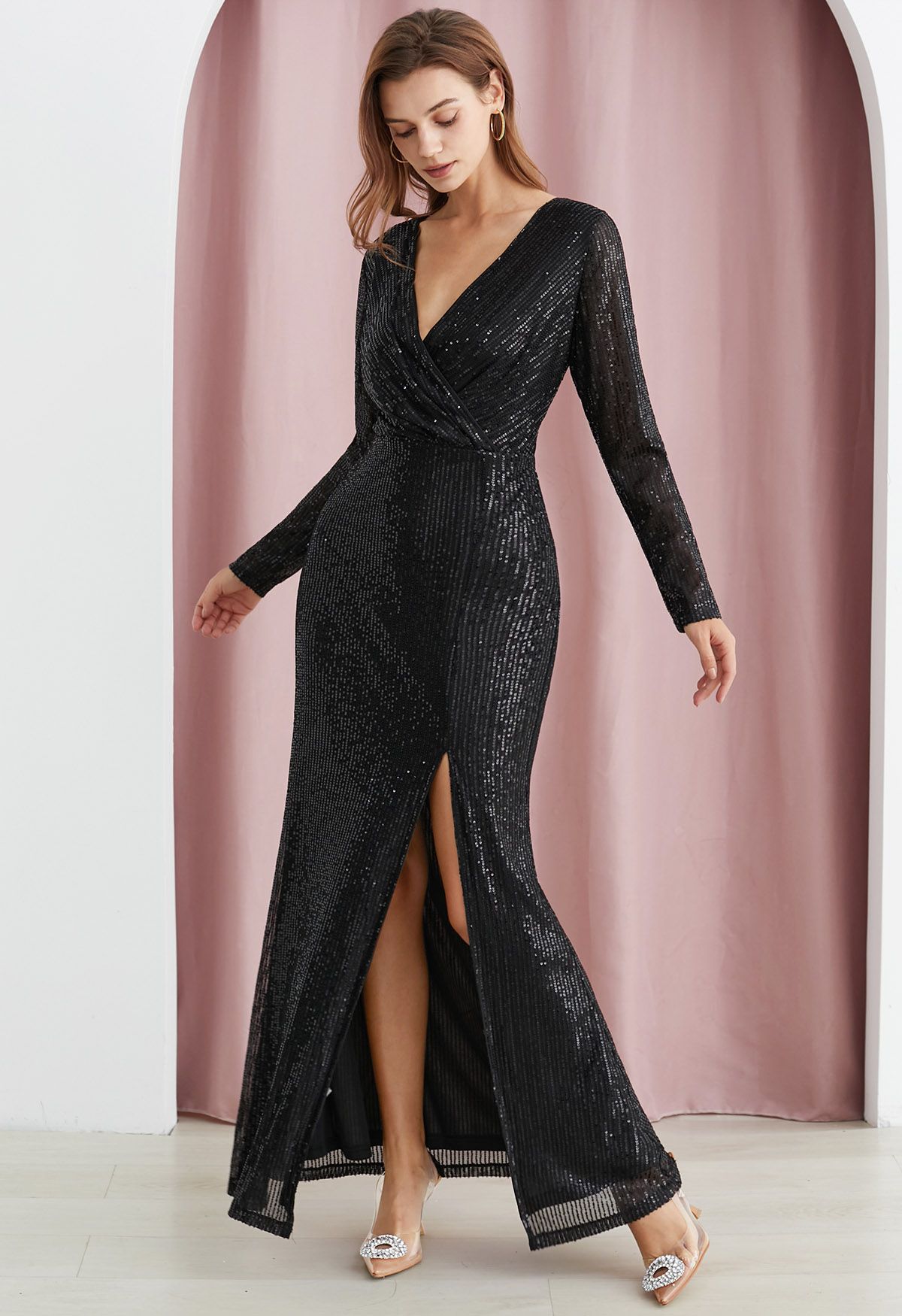Darling Sequin Faux-Wrap High Slit Gown in Black
