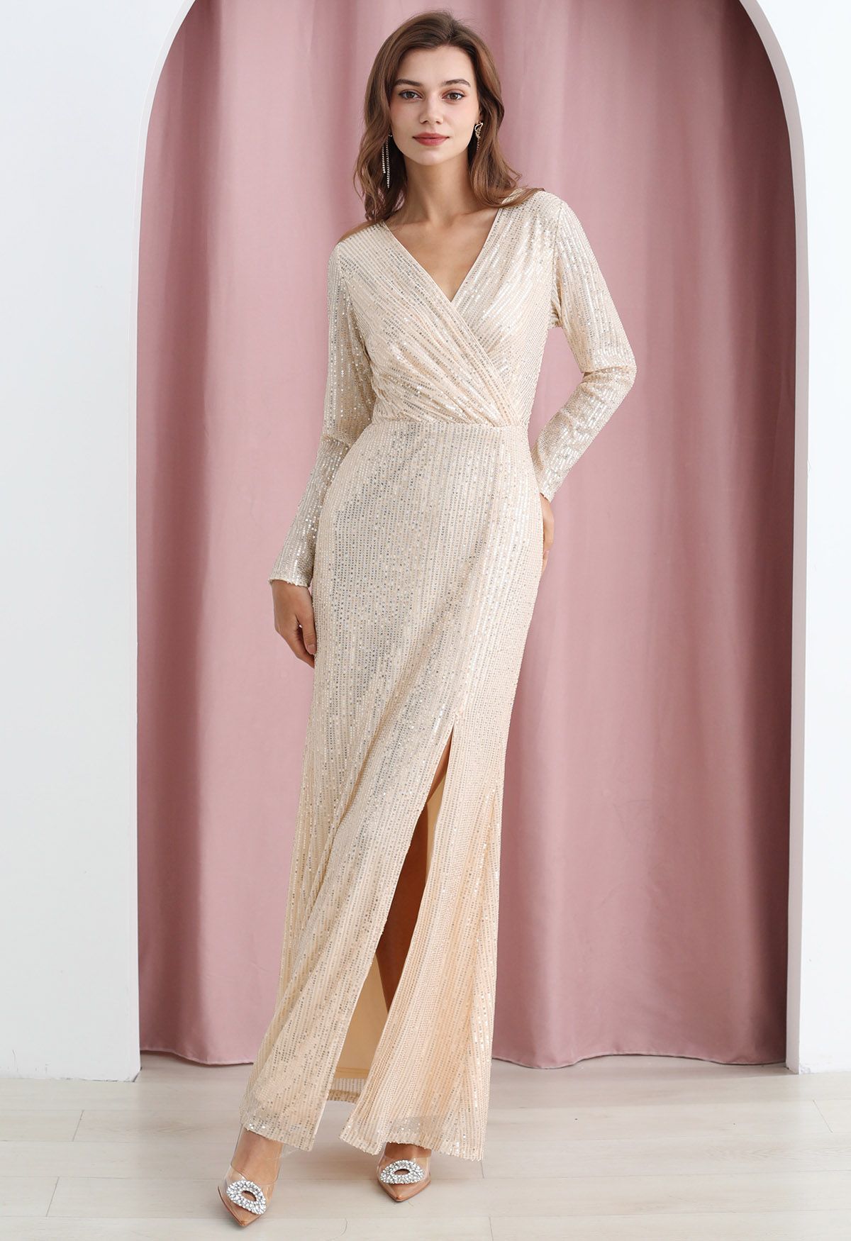 Darling Sequin Faux-Wrap High Slit Gown in Cream