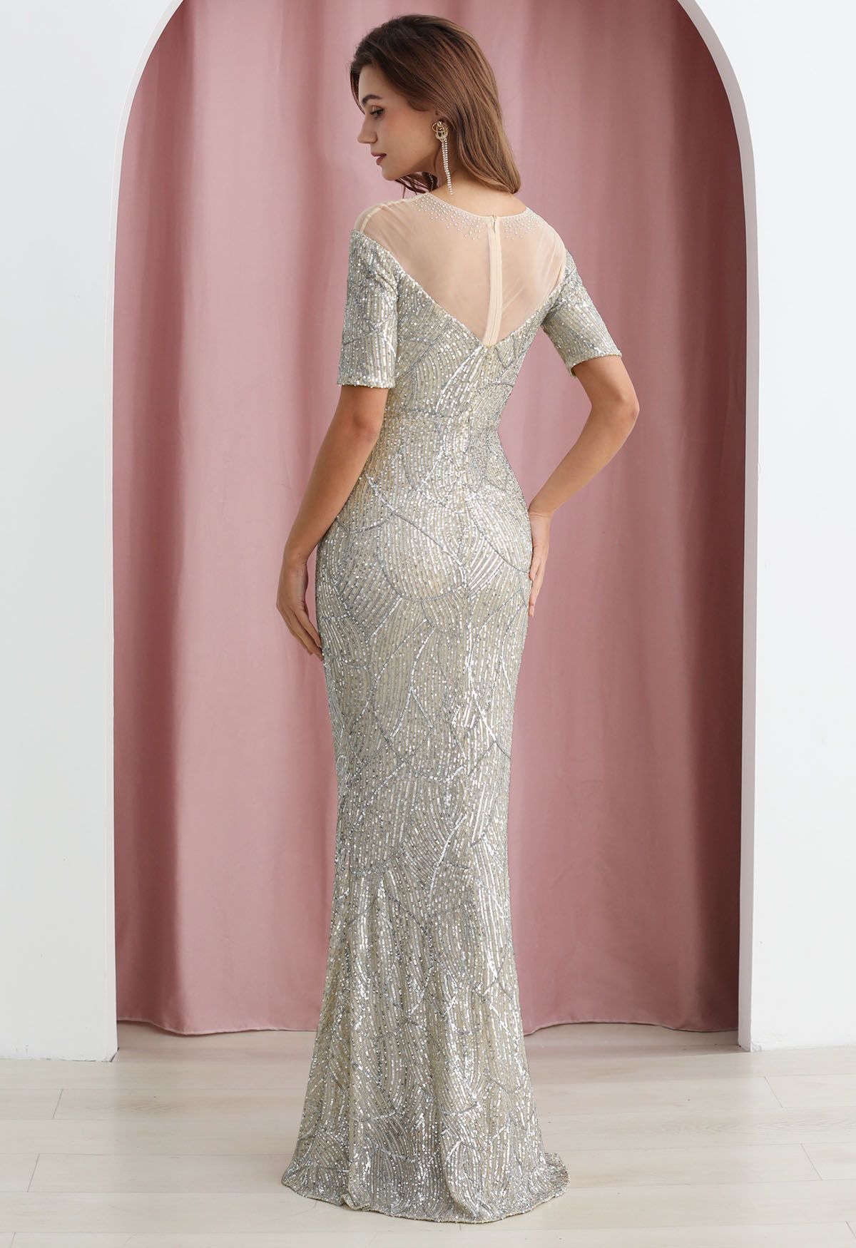 Mesh Panelled Shoulder Sequin Mermaid Gown in Silver