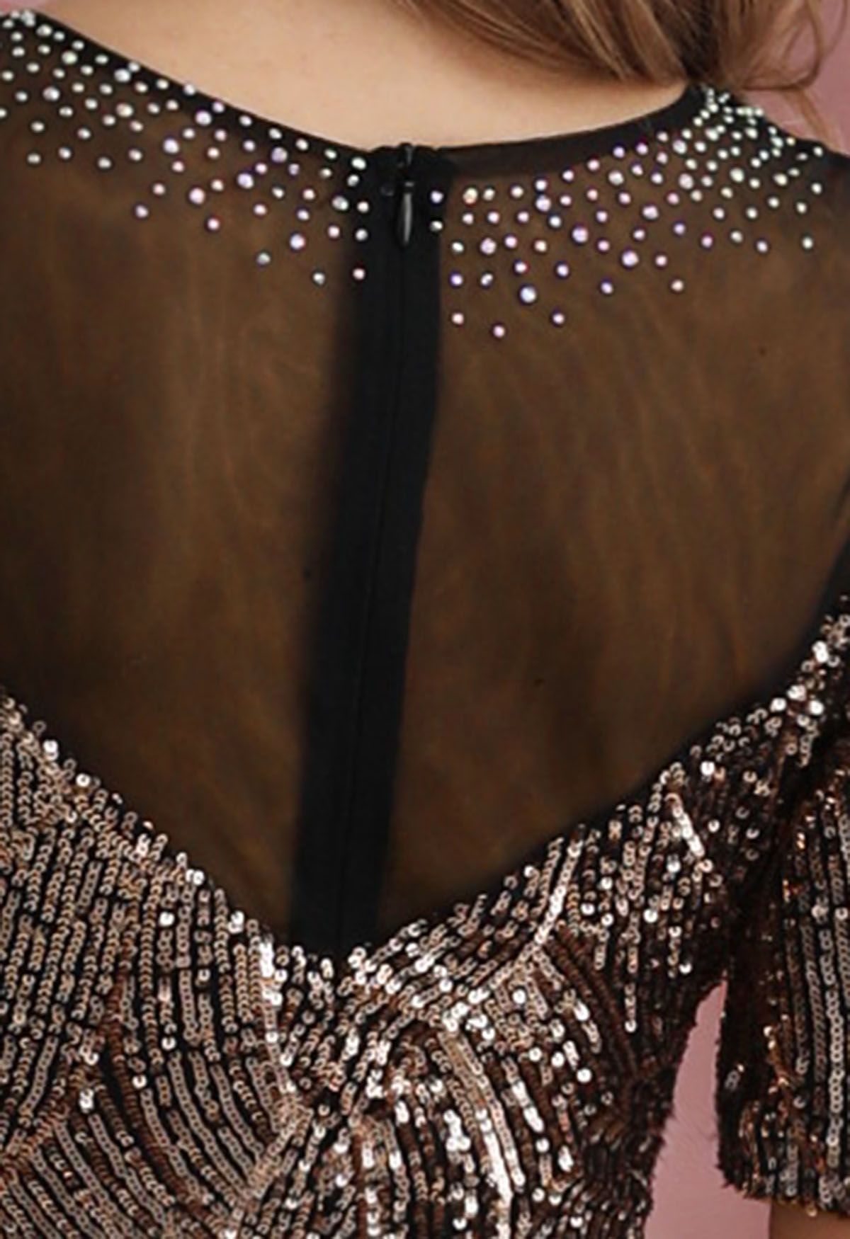 Mesh Panelled Shoulder Sequin Mermaid Gown in Black