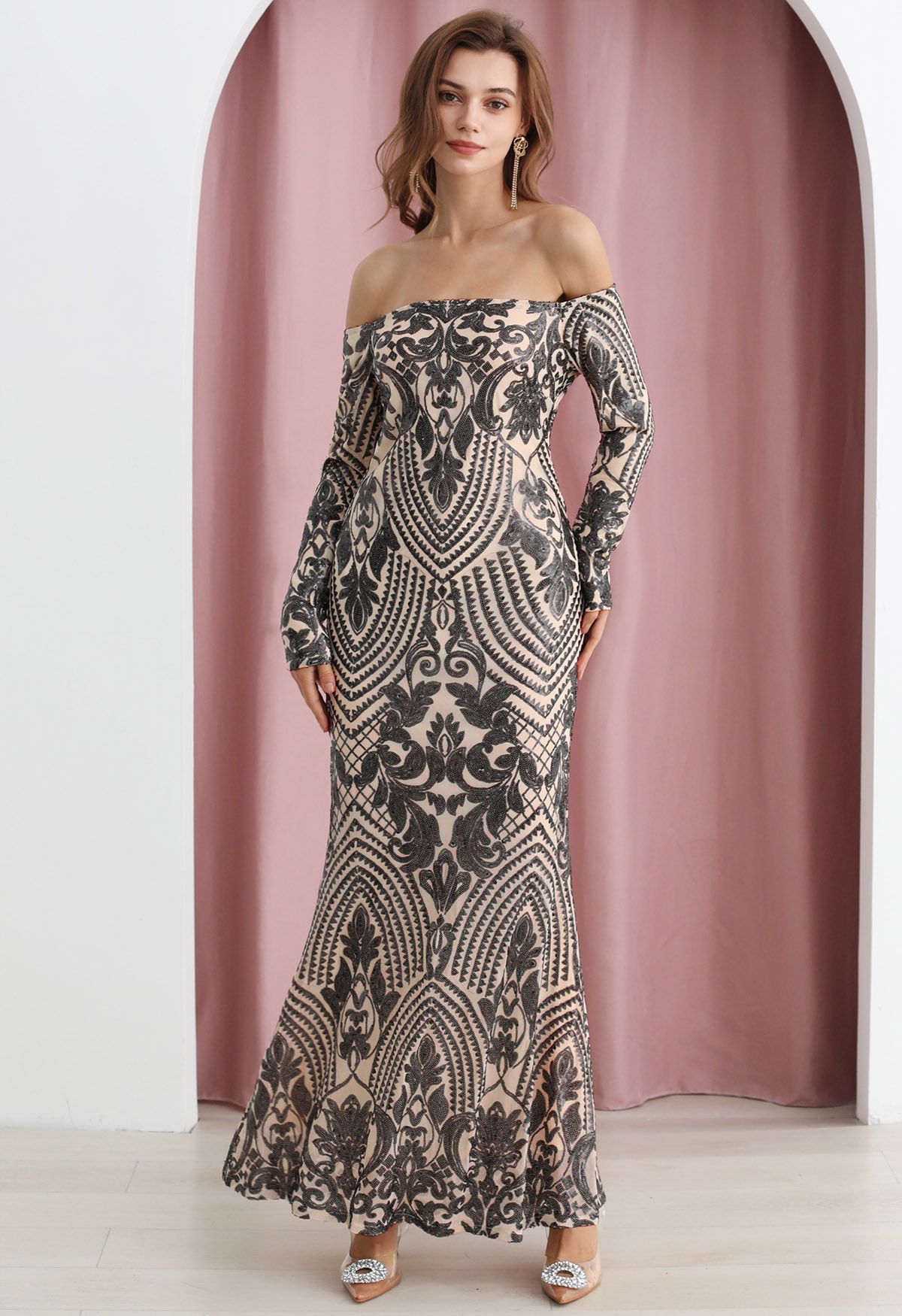 Baroque Off-Shoulder Sequined Maxi Gown