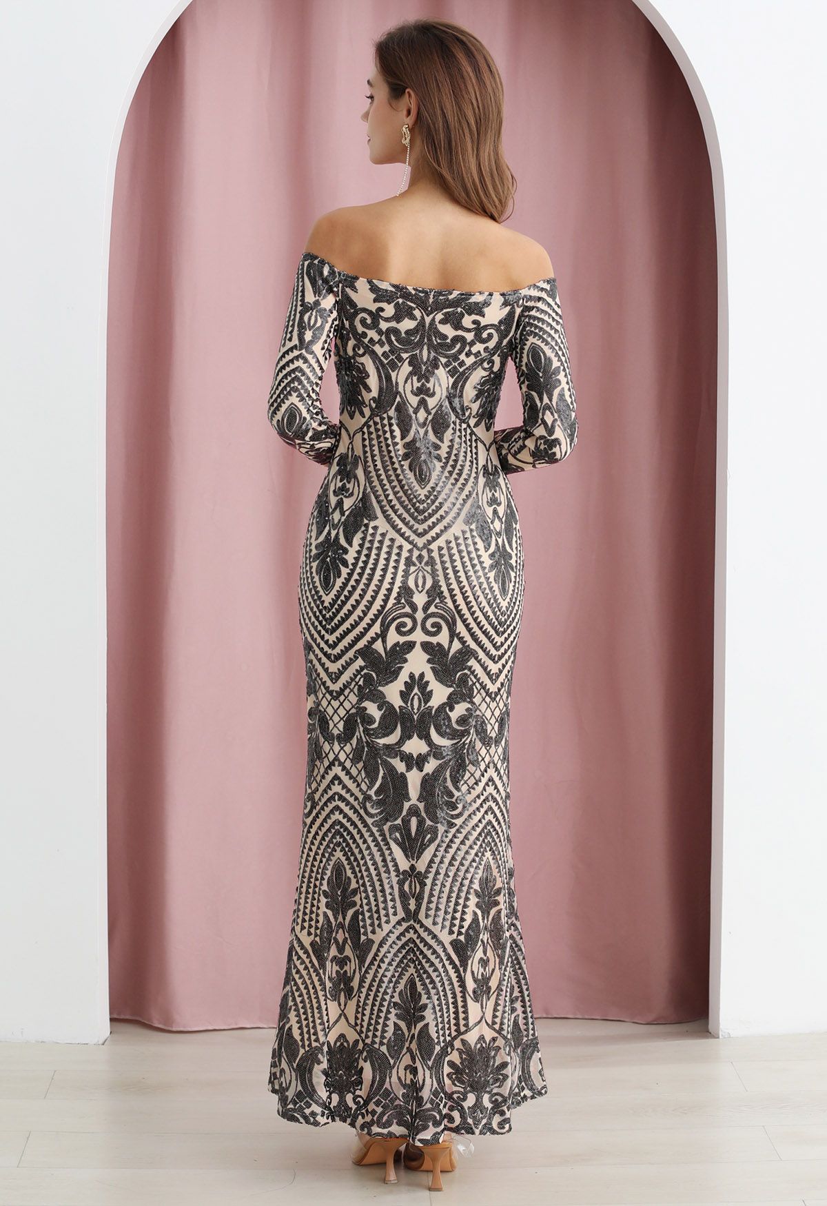 Baroque Off-Shoulder Sequined Maxi Gown