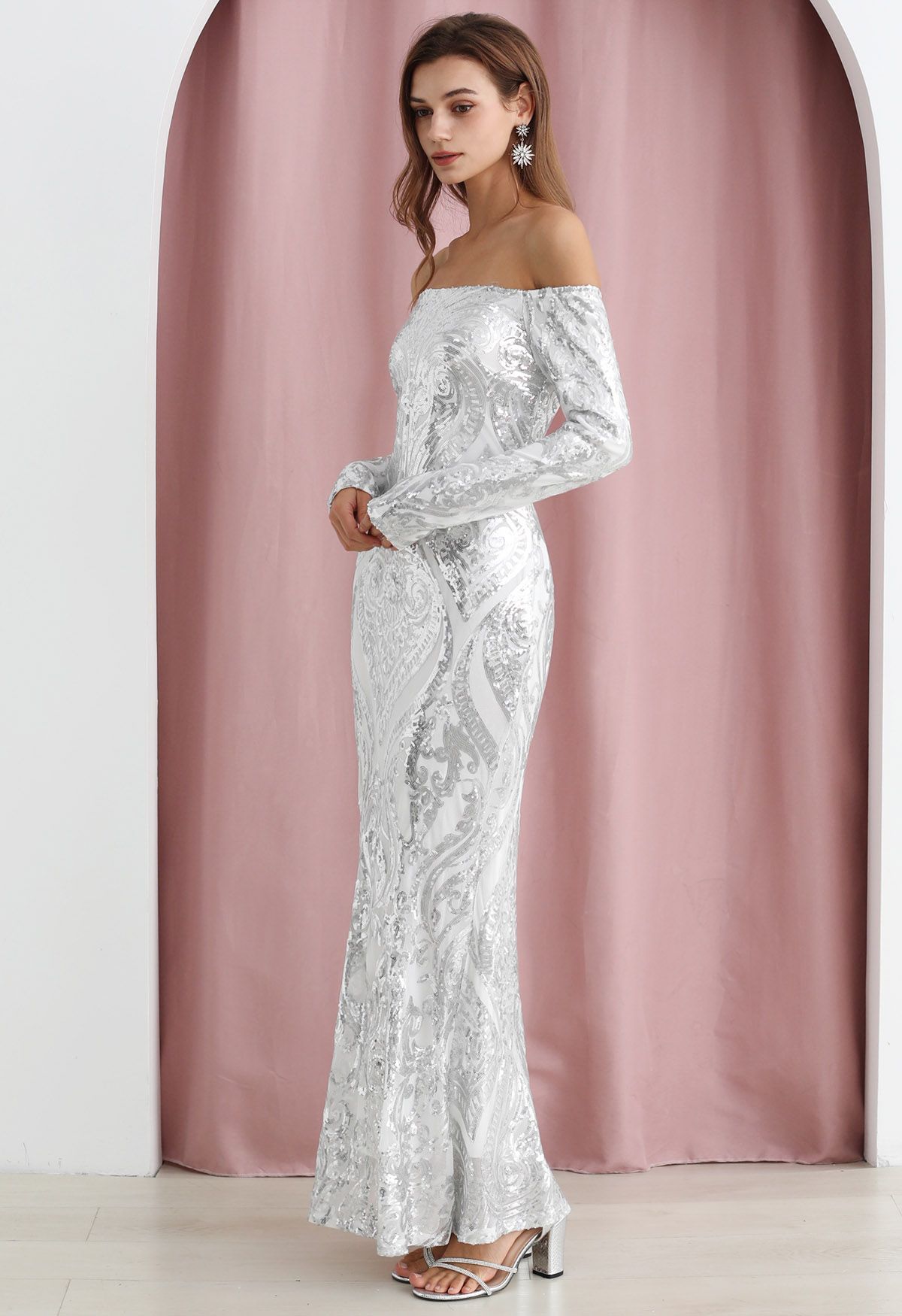 Off-Shoulder Long-Sleeve Sequined Maxi Gown
