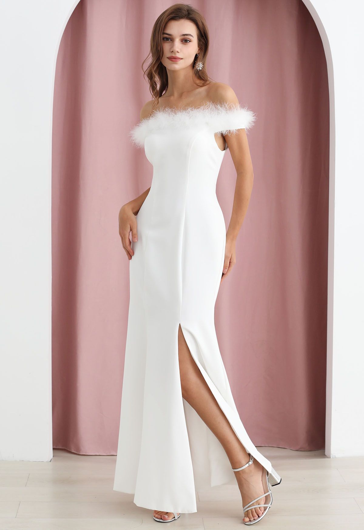 Feather Trim Neckline Slit Gown in White