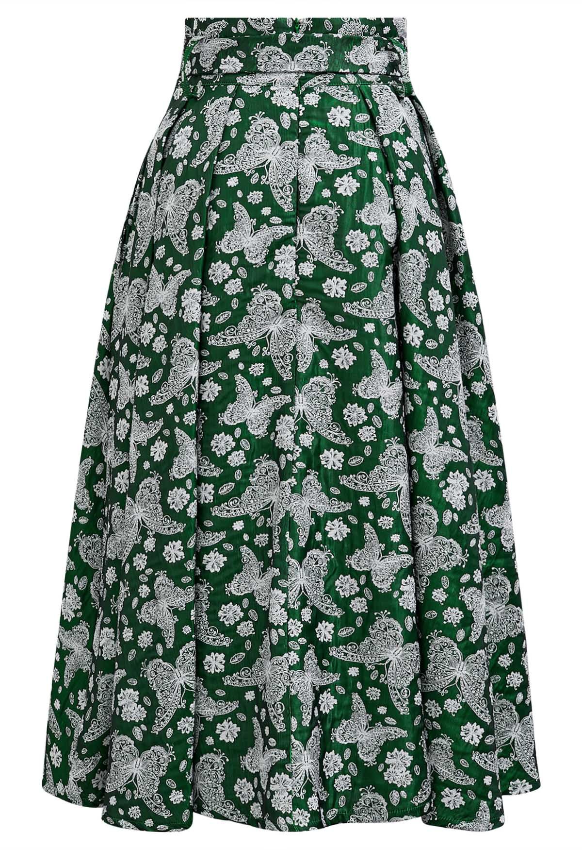 Whimsical Butterfly Belted A-Line Midi Skirt in Green