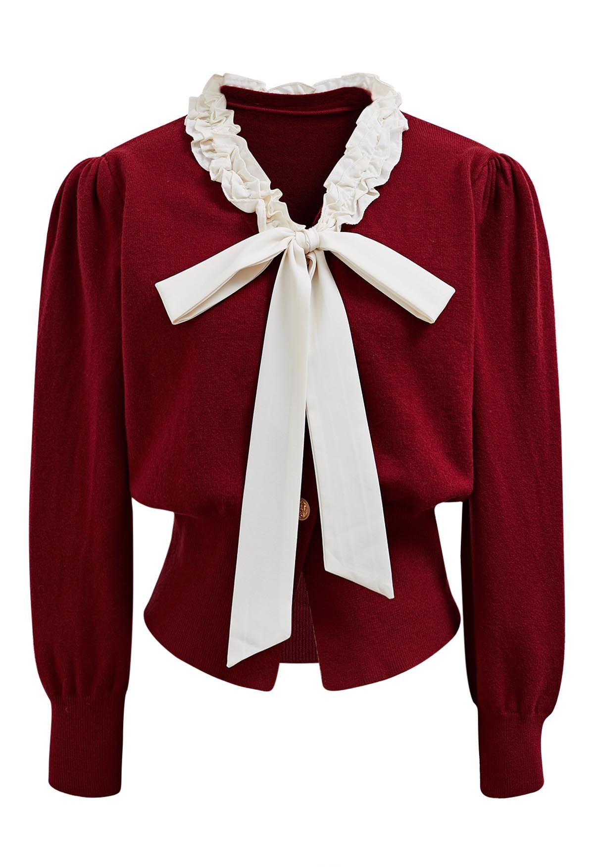 Ruffle Tie-Bow Wool-Blend Buttoned Top in Burgundy