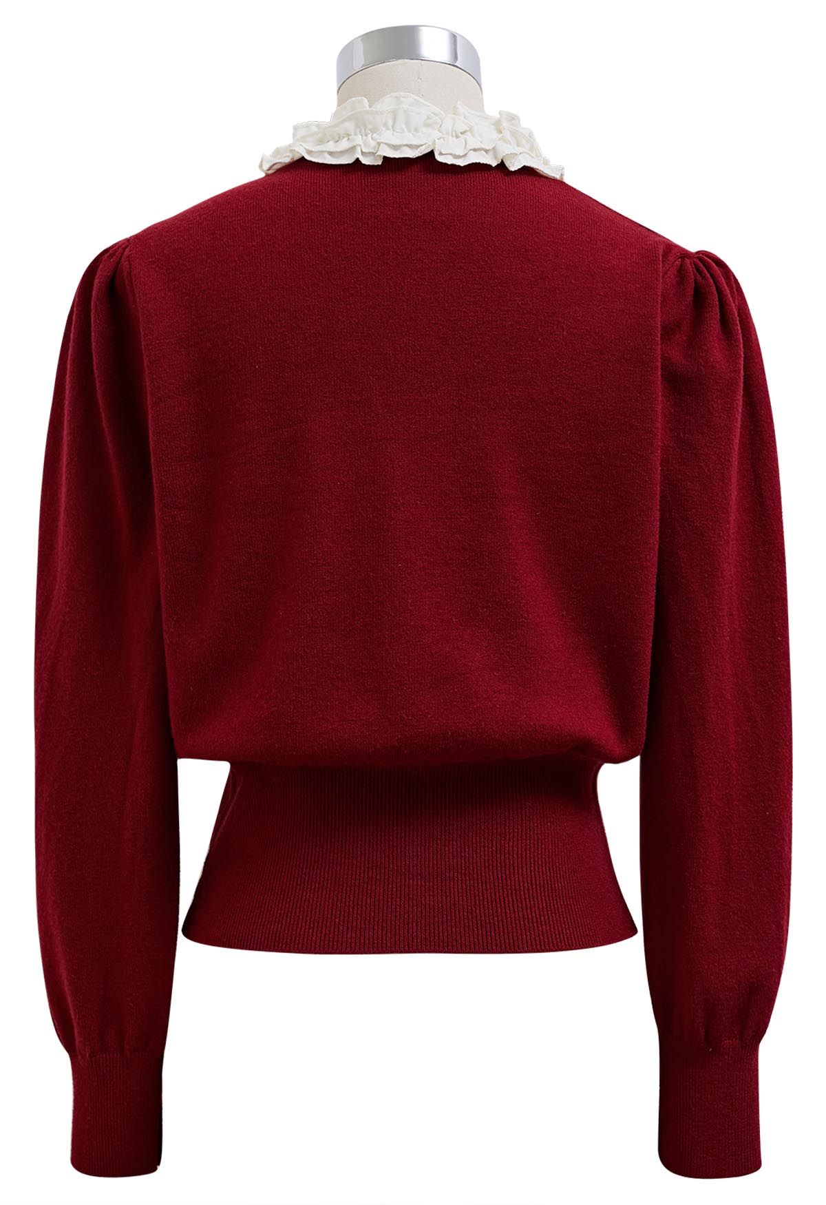 Ruffle Tie-Bow Wool-Blend Buttoned Top in Burgundy