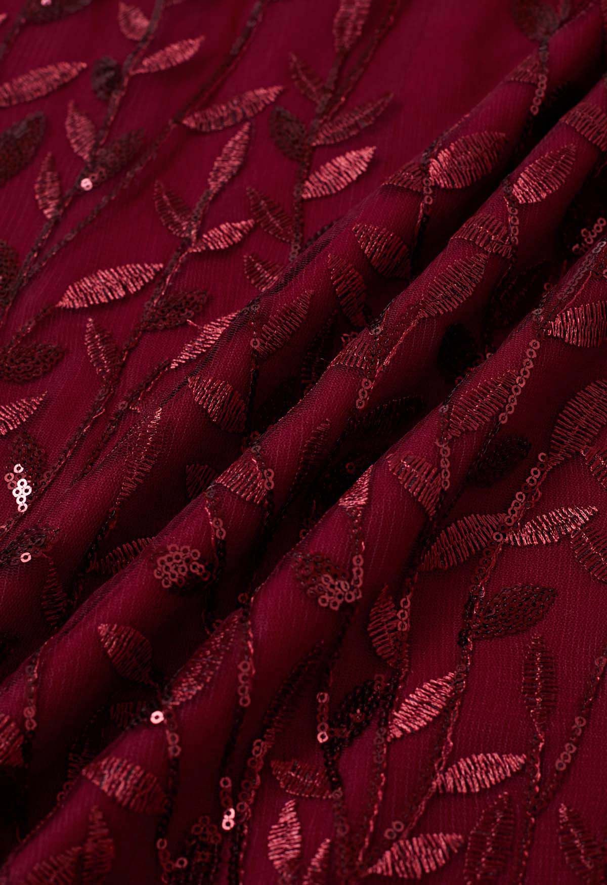 Sequin Embroidered Leaves Mesh Tulle Midi Skirt in Burgundy