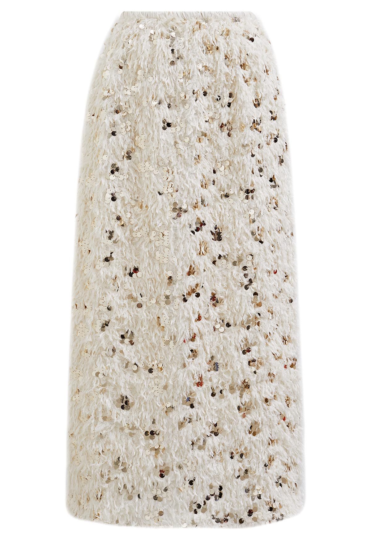 Full Feather Sequined Pencil Skirt in Cream