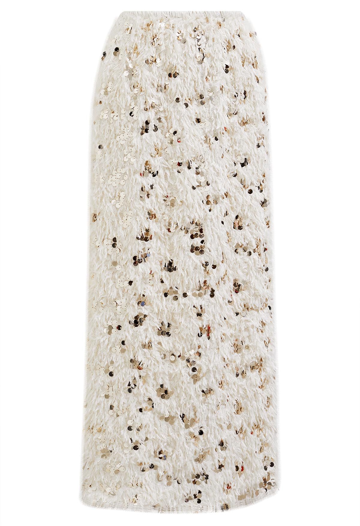 Full Feather Sequined Pencil Skirt in Cream