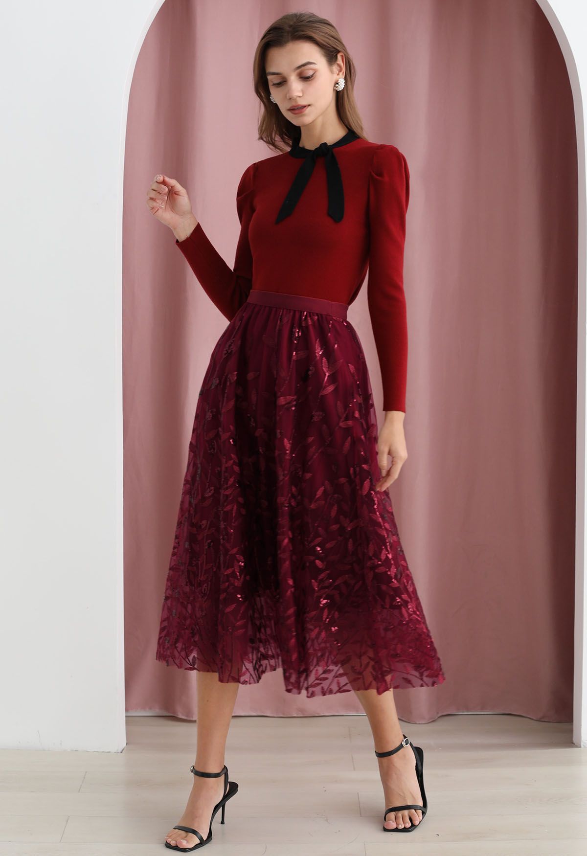 Sequin Embroidered Leaves Mesh Tulle Midi Skirt in Burgundy