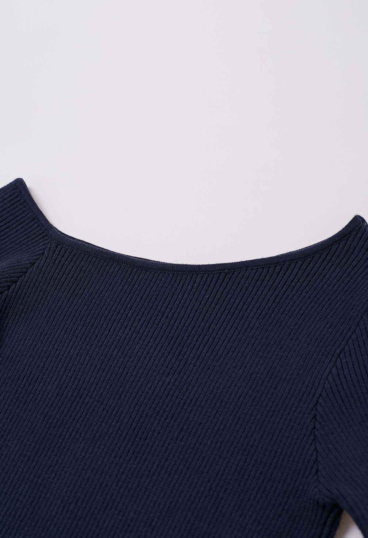 One-Shoulder Feathered Cuffs Knit Top in Navy