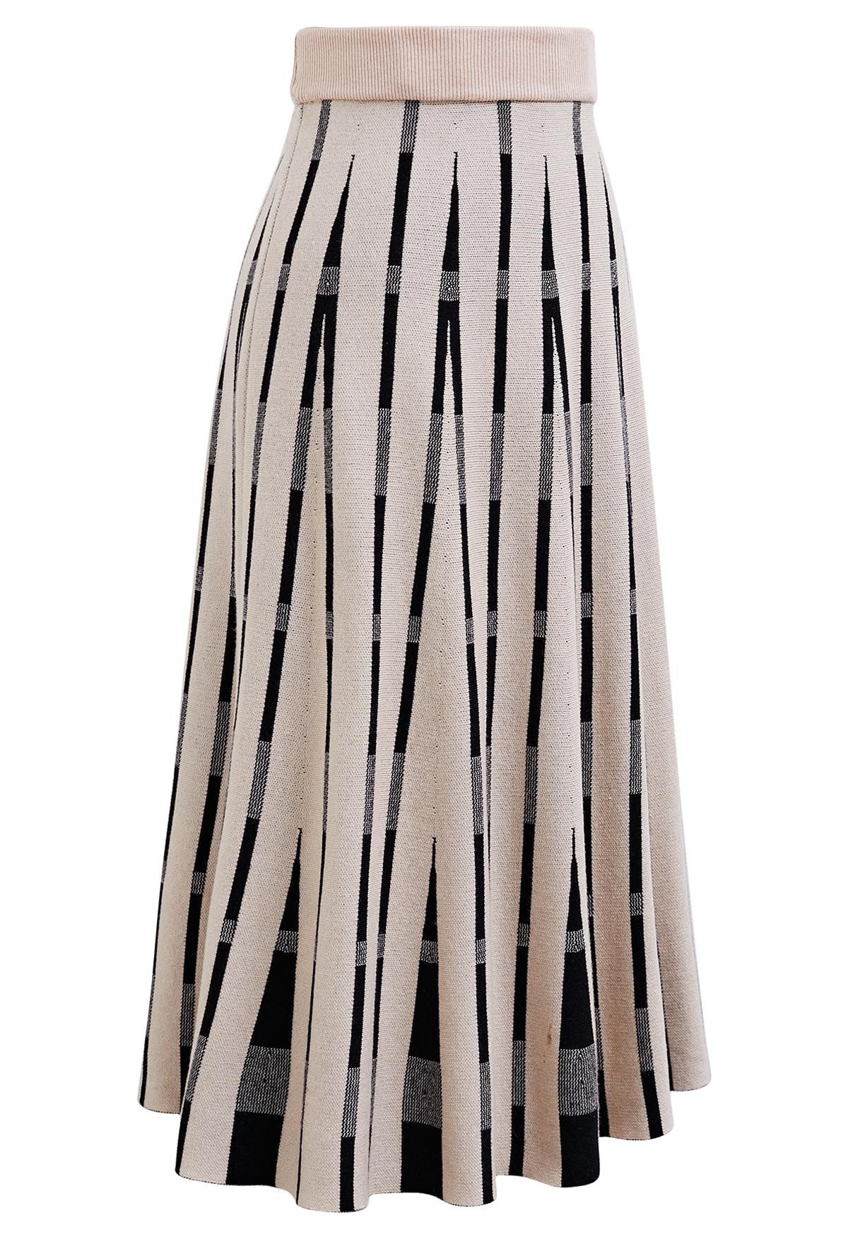 Trendsetting Striped Knit Midi Skirt in Sand