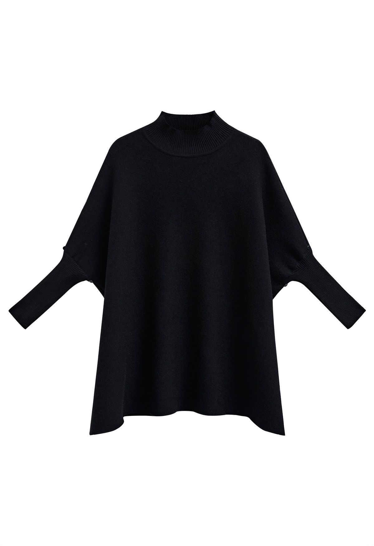 Faux Fur Sleeve Split Hem Knit Poncho in Black