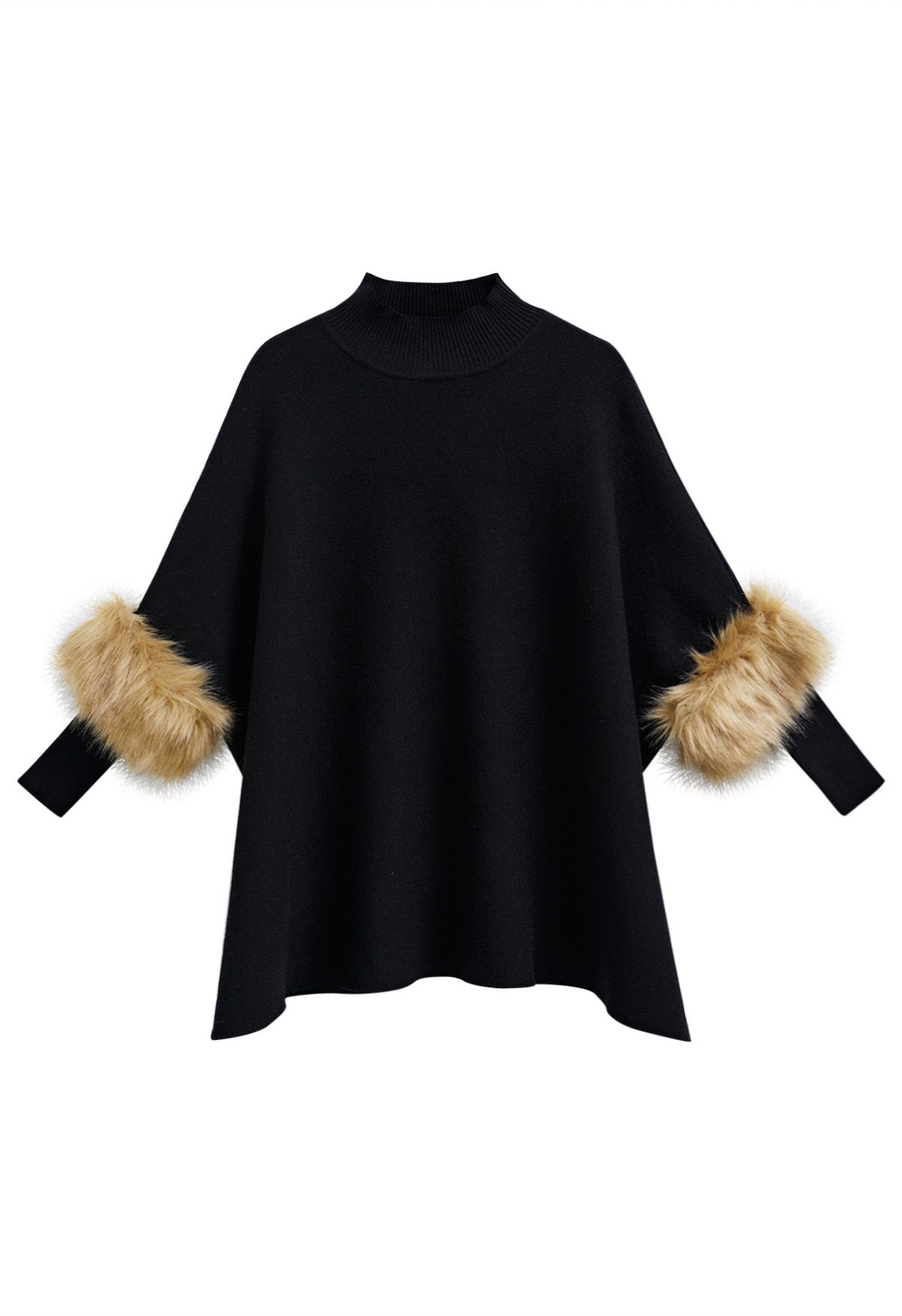 Faux Fur Sleeve Split Hem Knit Poncho in Black